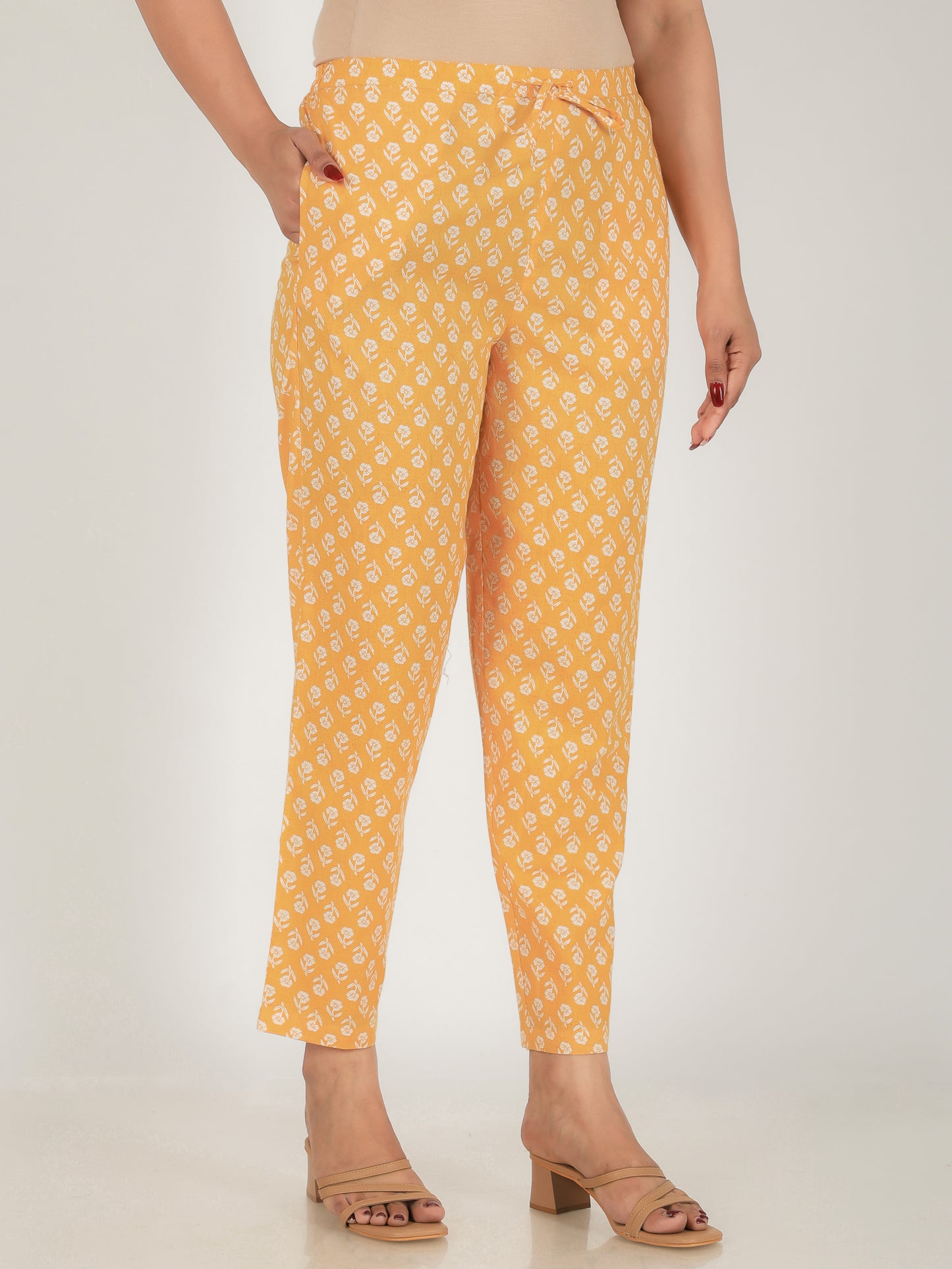 Soft Cotton Floral Yellow Tapered Trousers