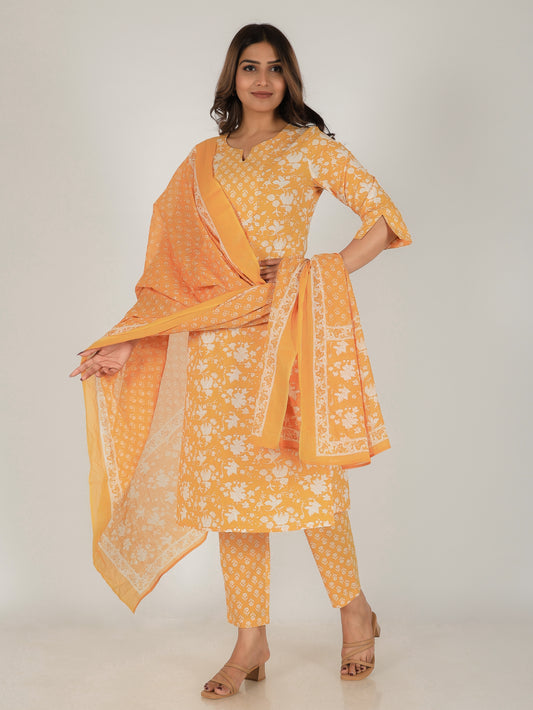 Voile Cotton Floral Yellow Dupatta