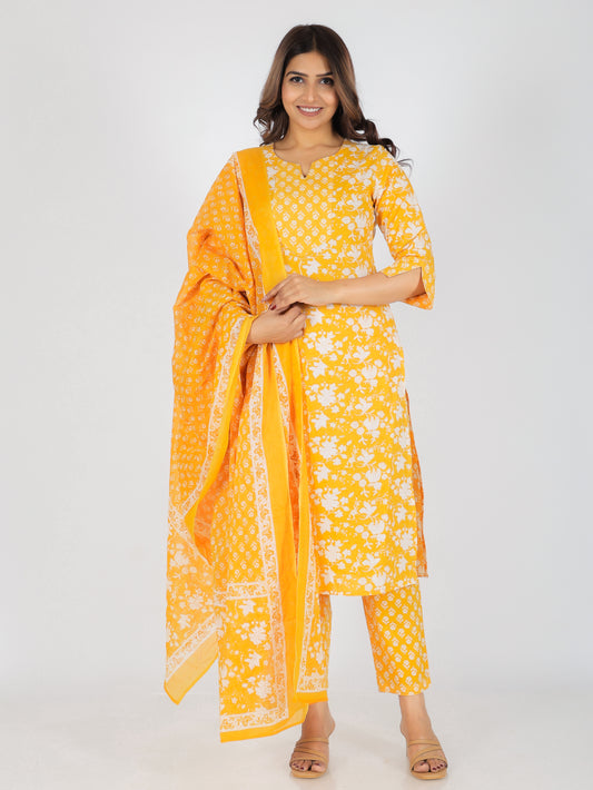 Soft Cotton Floral Straight Yellow Kurta