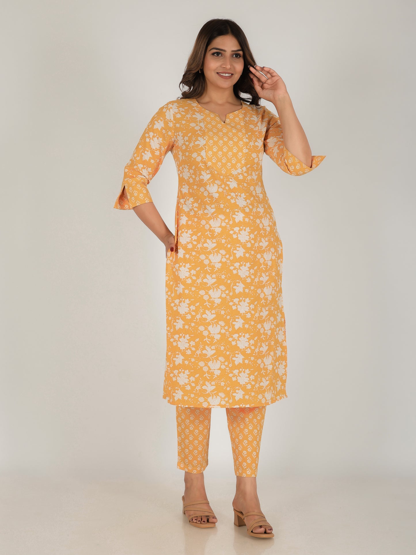 Soft Cotton Floral Straight Yellow Kurta