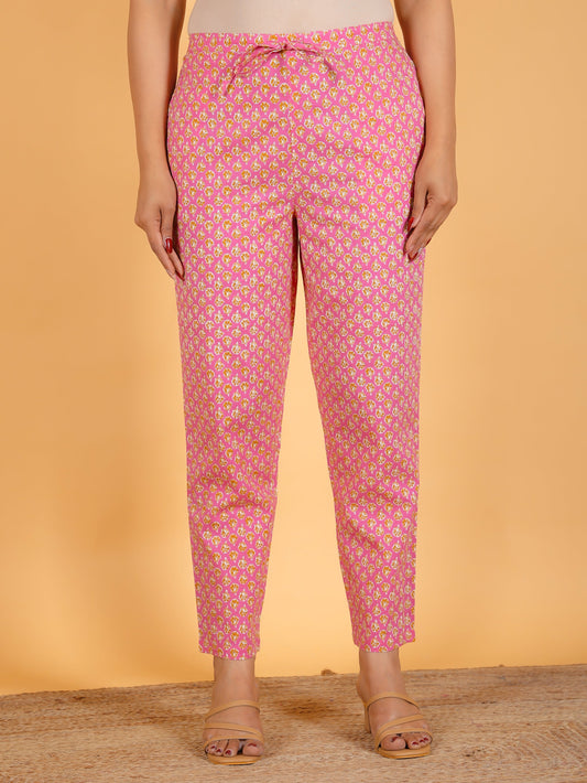 Soft Cotton Butti Pink Tapered Trousers