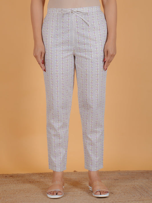 Soft Cotton Striped White Tapered Trousers
