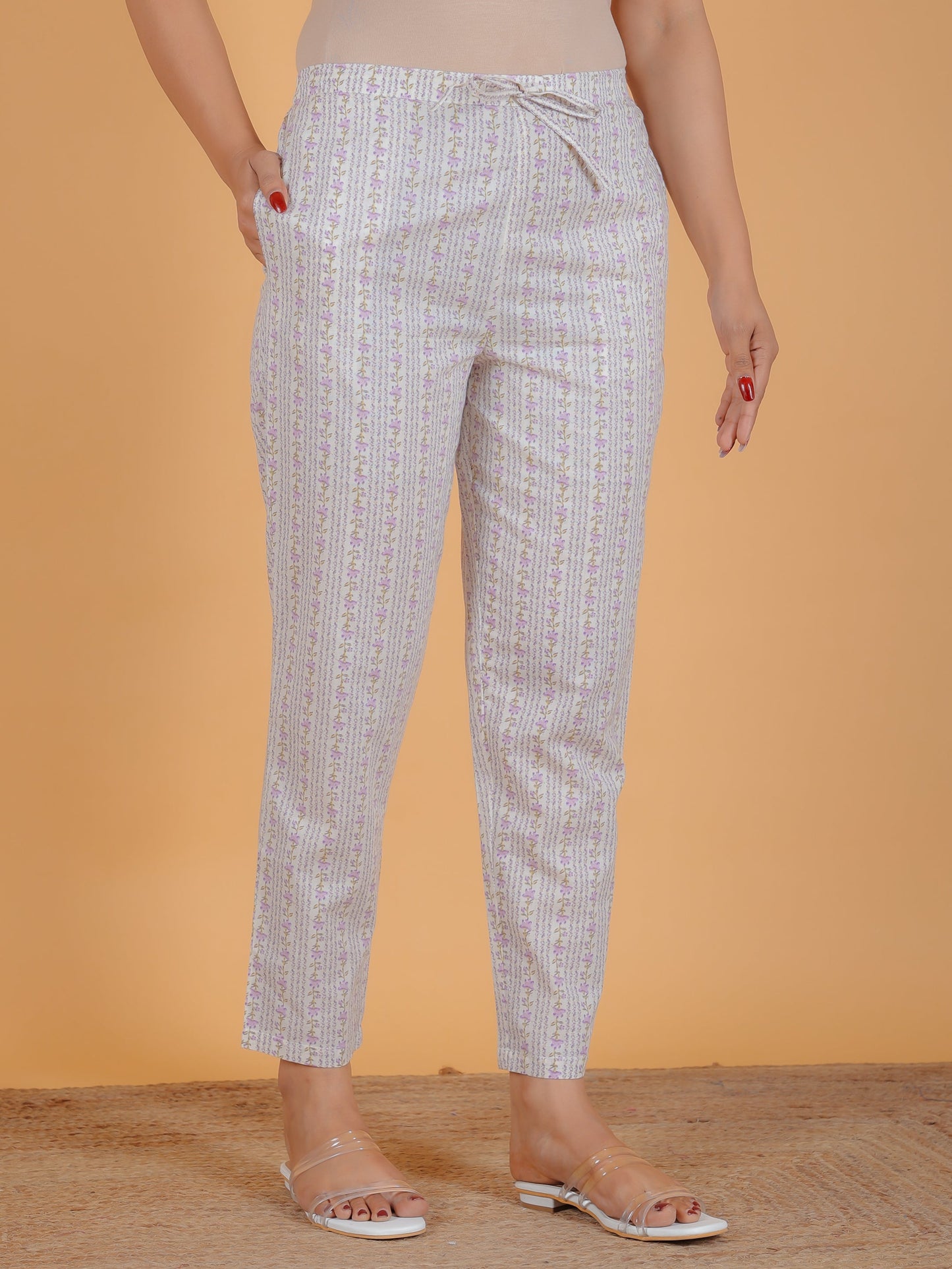 Soft Cotton Striped White Tapered Trousers