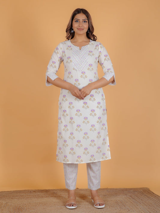 Soft Cotton Floral Straight White Kurta