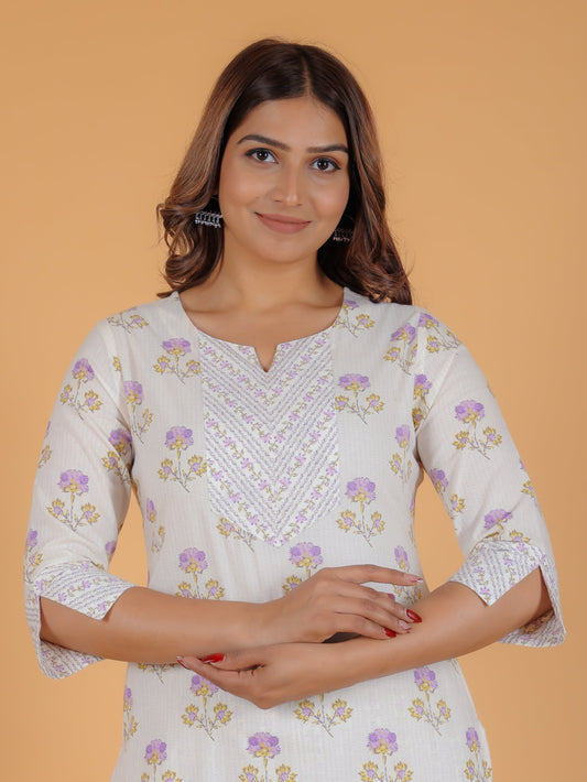 Soft Cotton Floral Straight White Kurta