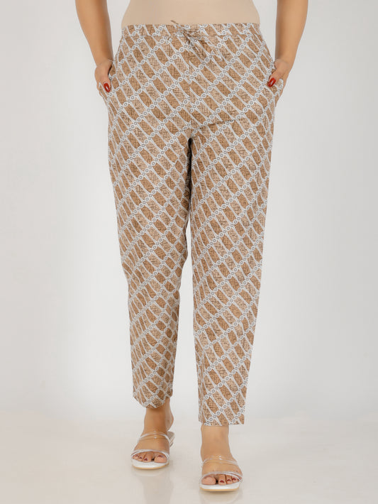 Soft Cotton Abstract Beige Tapered Trousers
