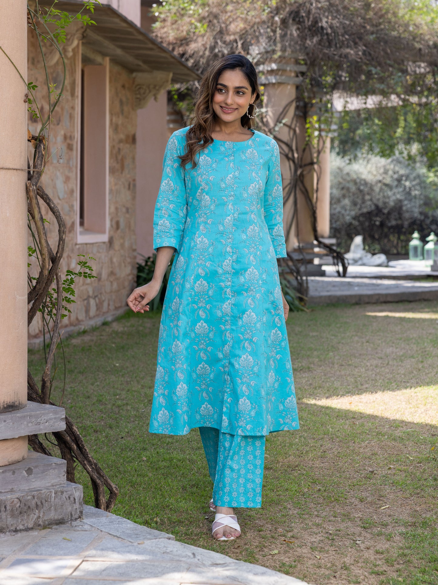 Soft Cotton Floral Flared Blue Kurta