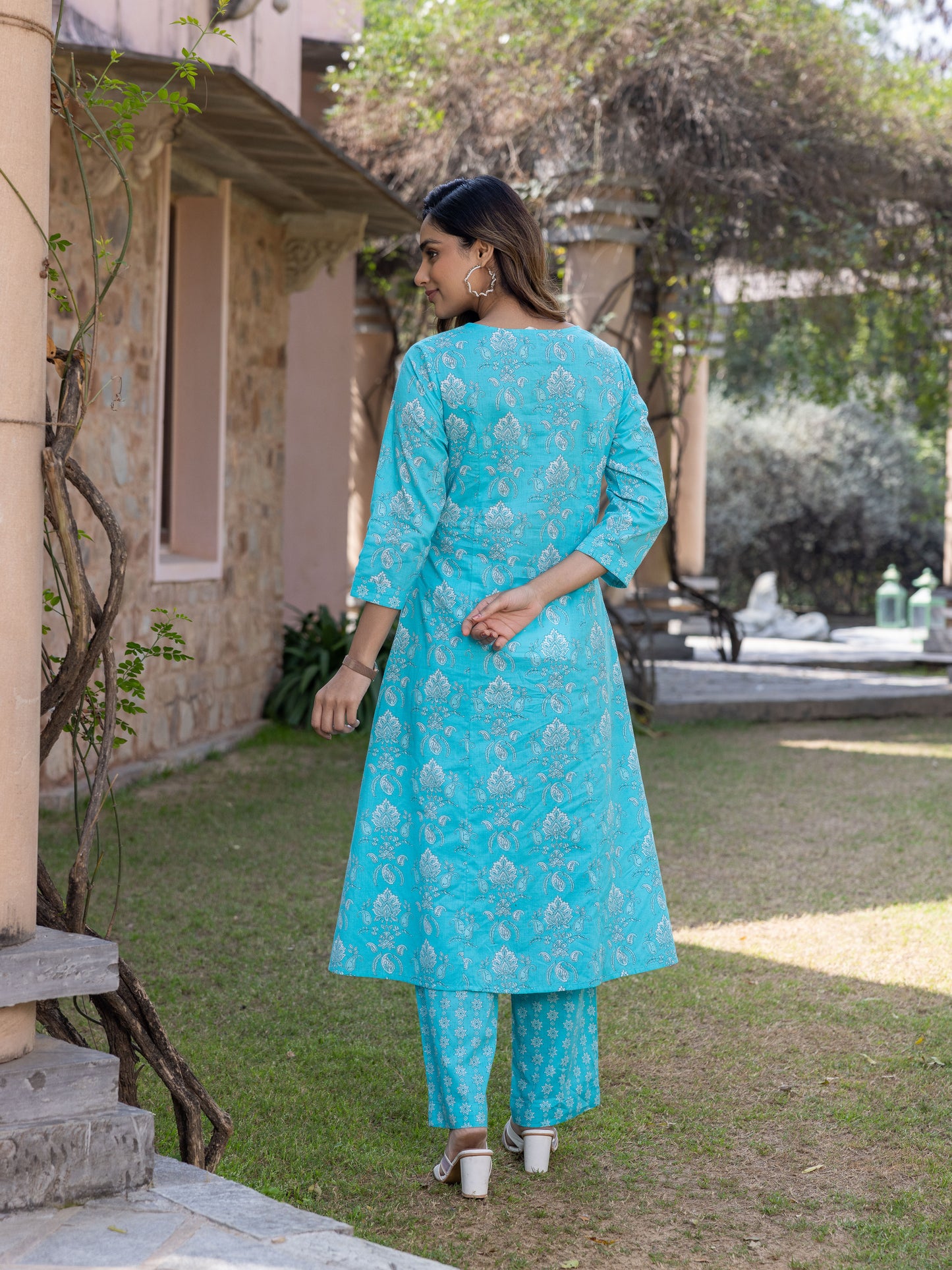 Soft Cotton Floral Flared Blue Kurta