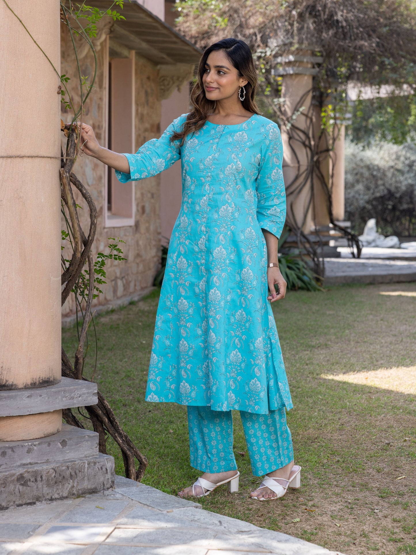 Soft Cotton Floral Flared Blue Kurta