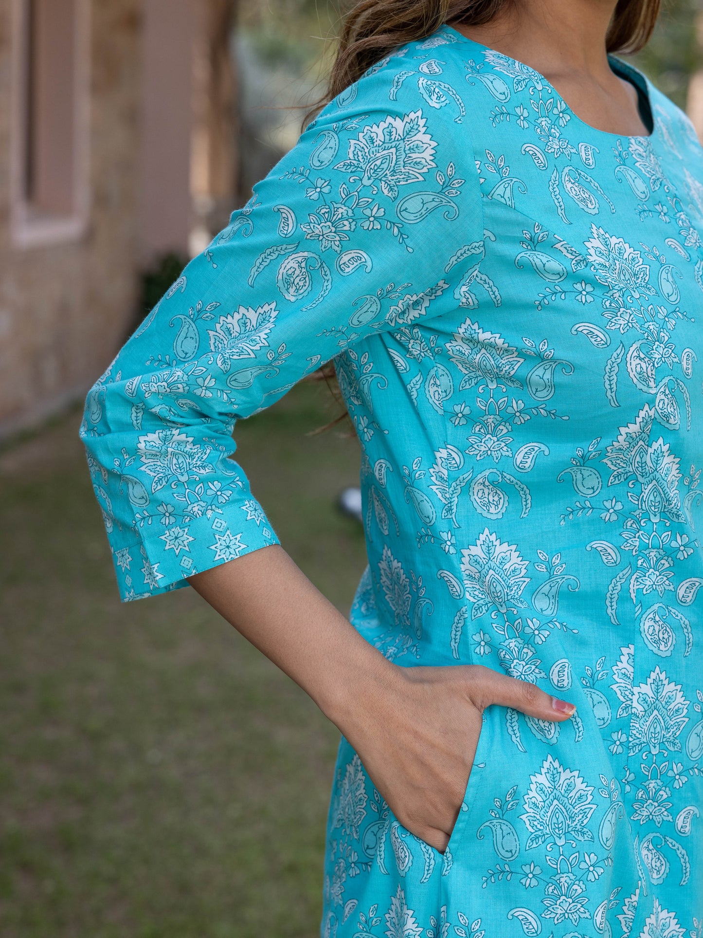 Soft Cotton Floral Flared Blue Kurta