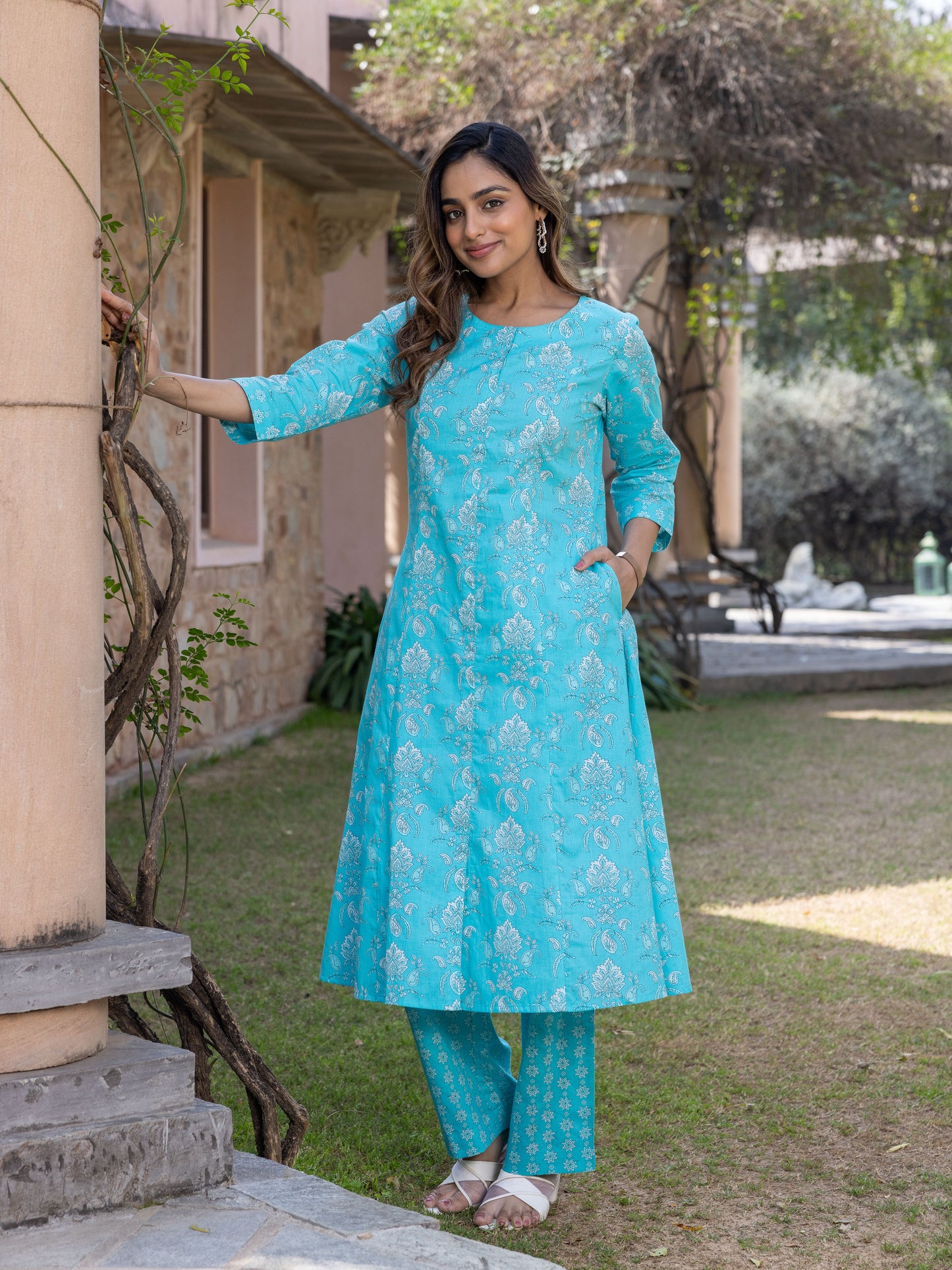 Soft Cotton Floral Flared Blue Kurta