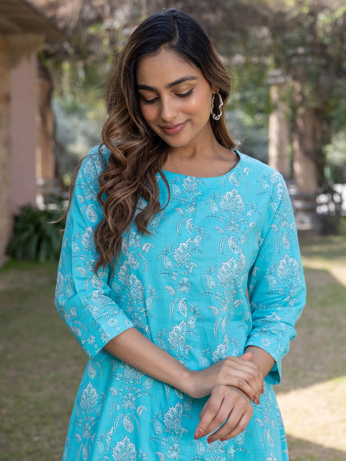 Soft Cotton Floral Flared Blue Kurta