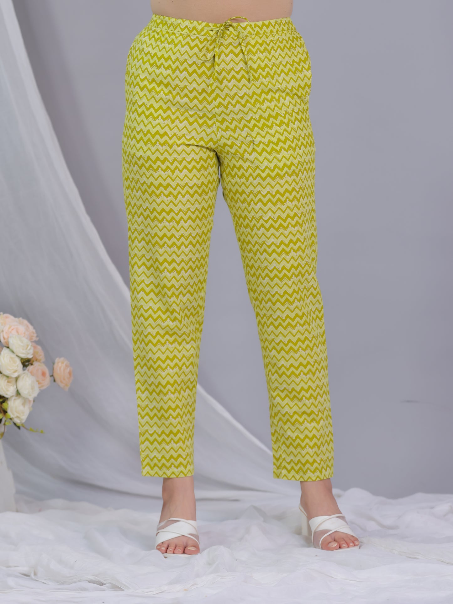 Soft Cotton Chevron Green Tapered Tapered Trousers