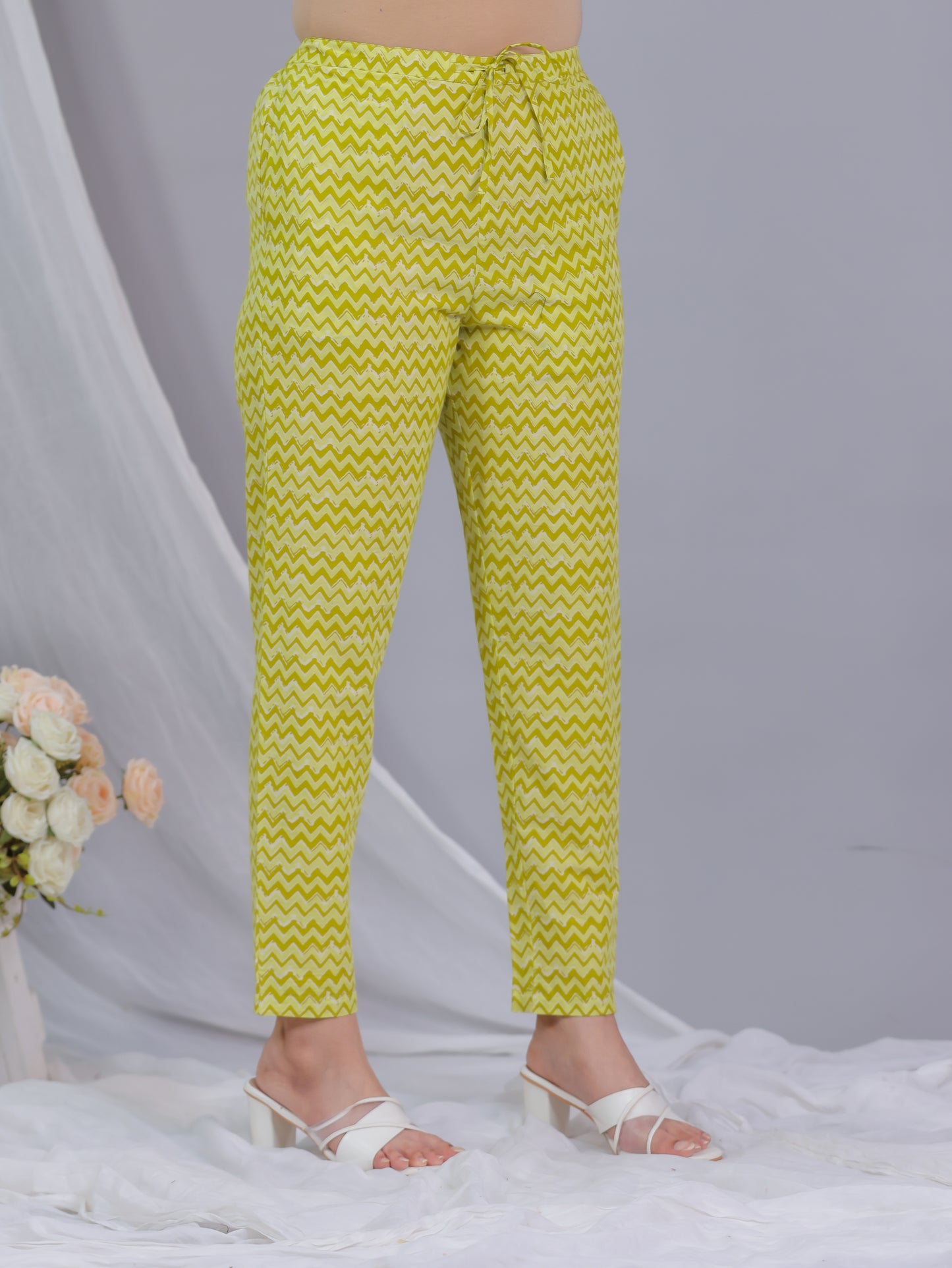 Soft Cotton Chevron Green Tapered Tapered Trousers