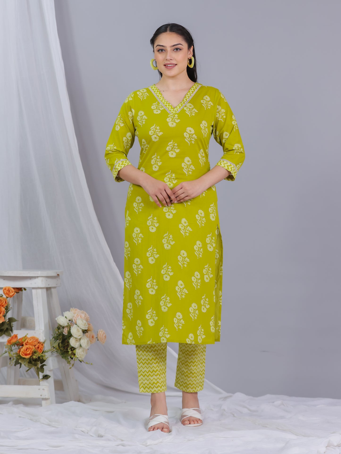 Soft Cotton Floral Straight Green Kurta