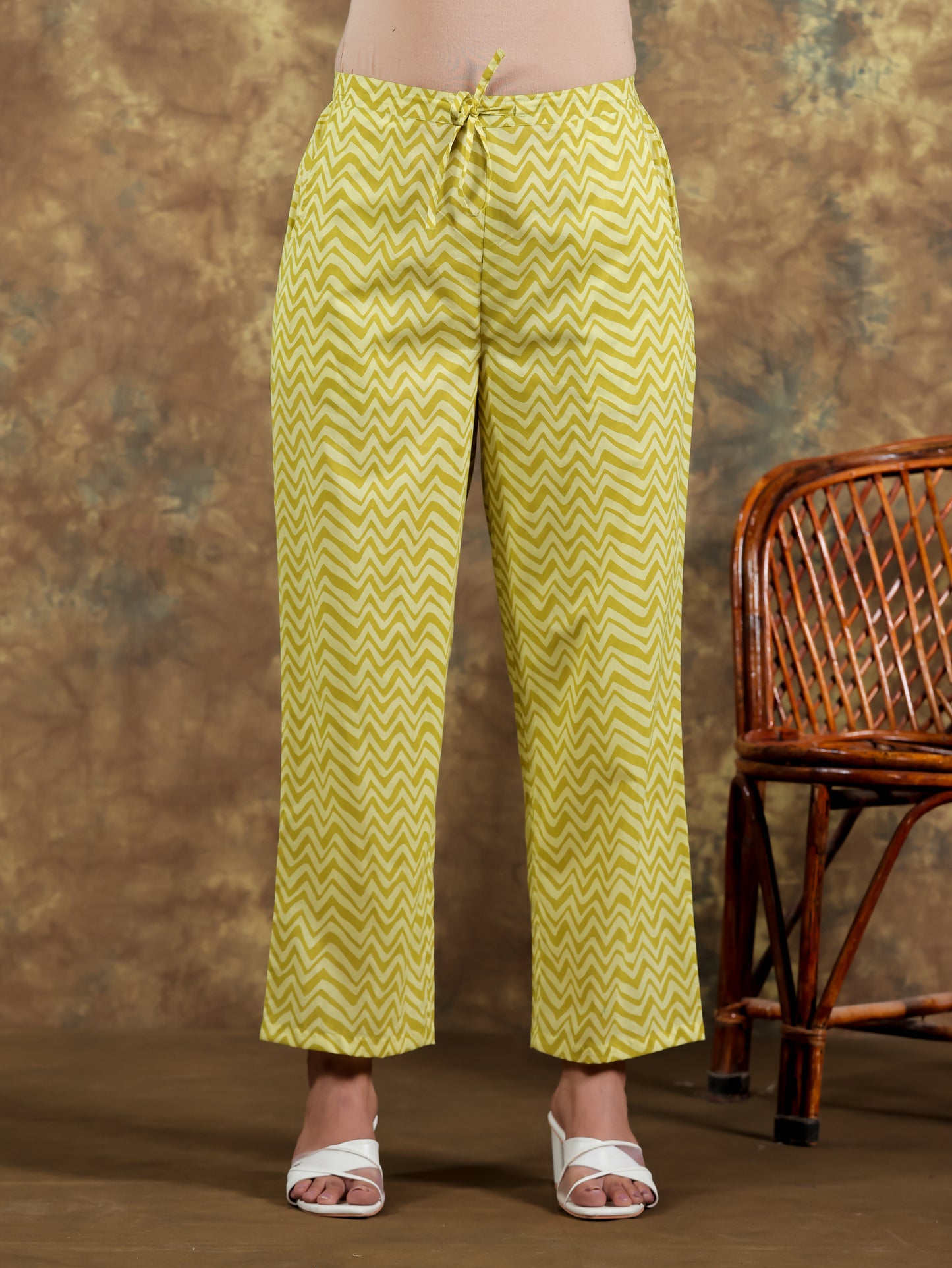 Soft Cotton Chevron Green Straight Trousers