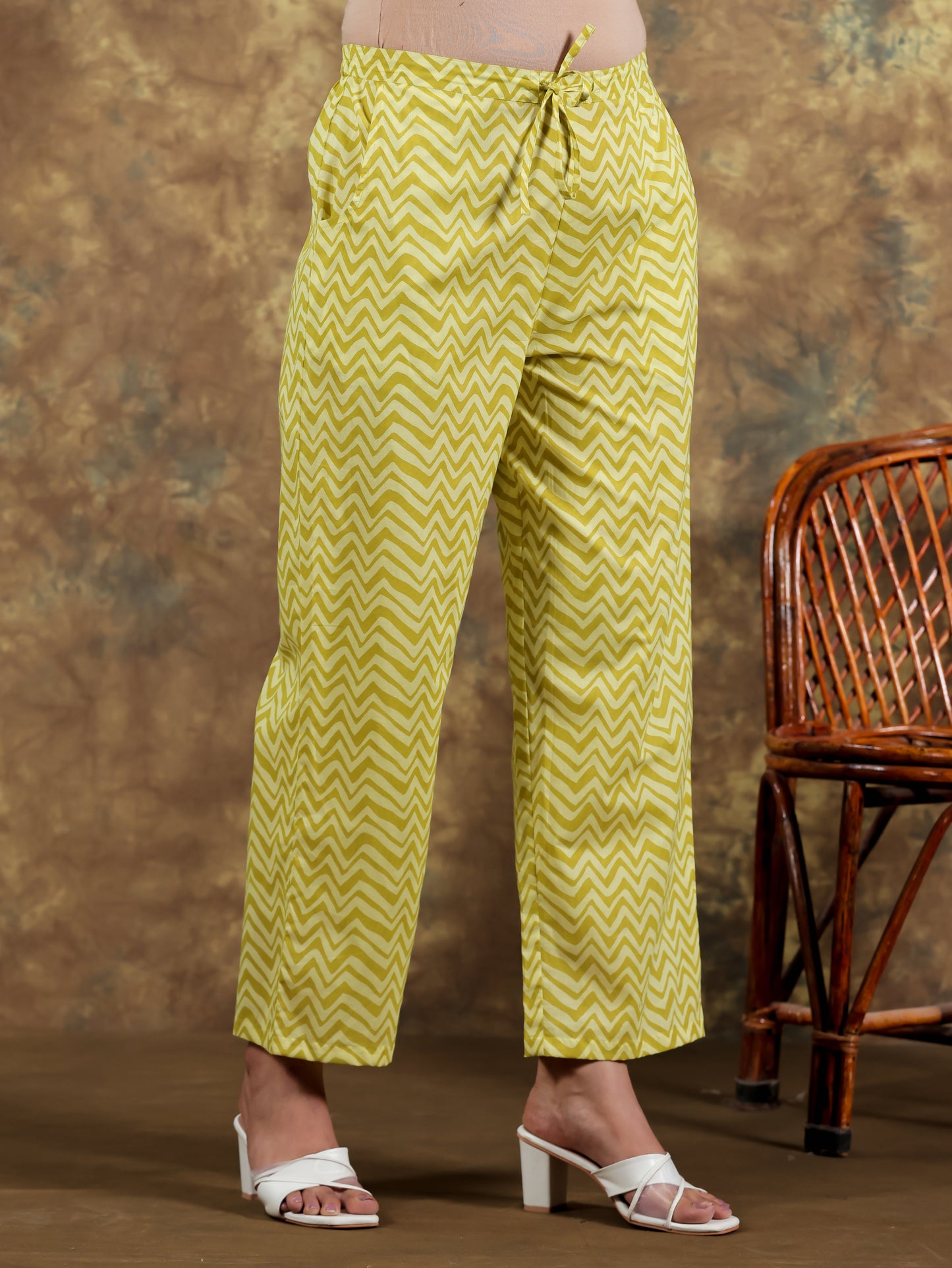 Soft Cotton Chevron Green Straight Trousers