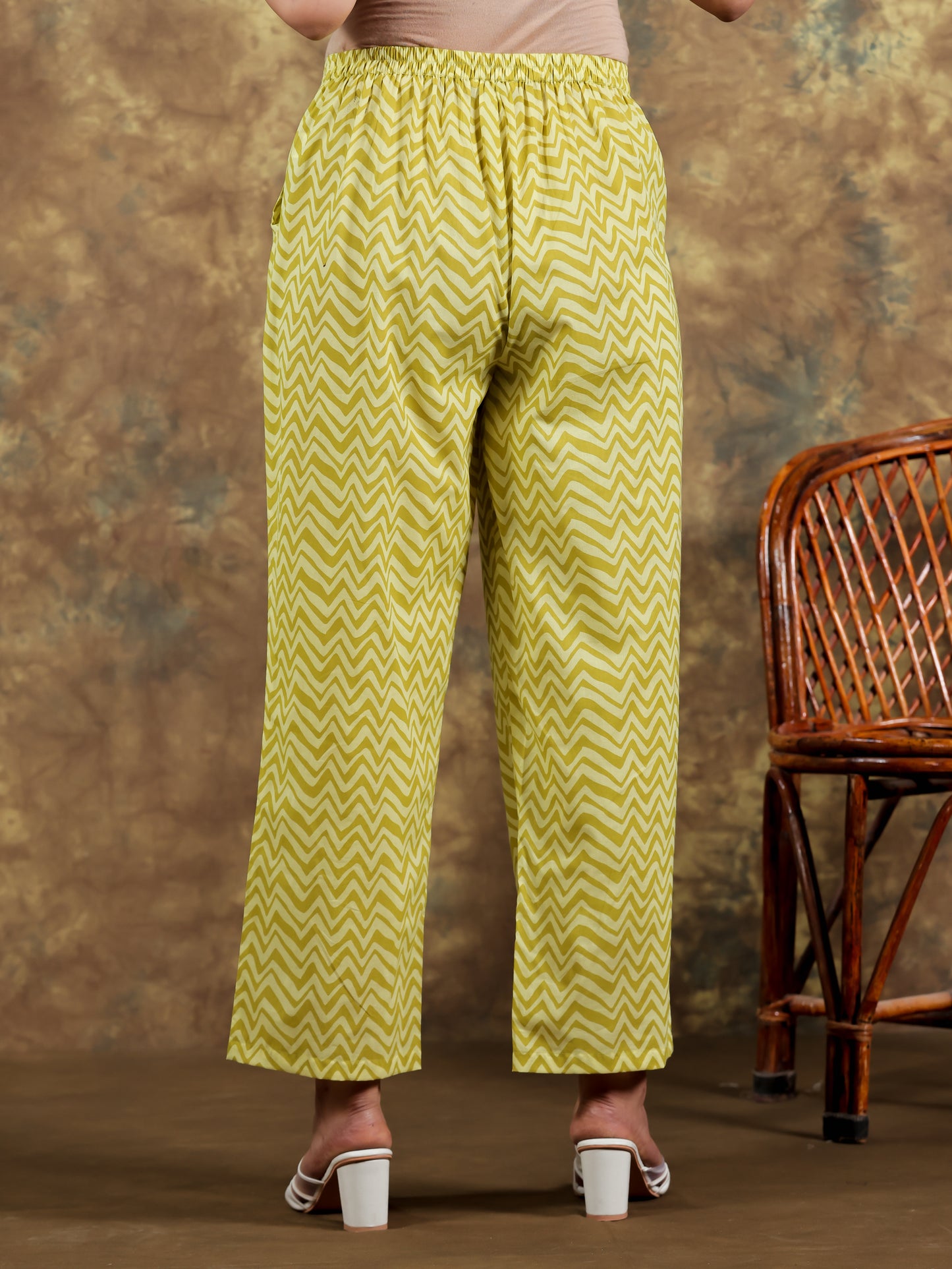 Soft Cotton Chevron Green Straight Trousers