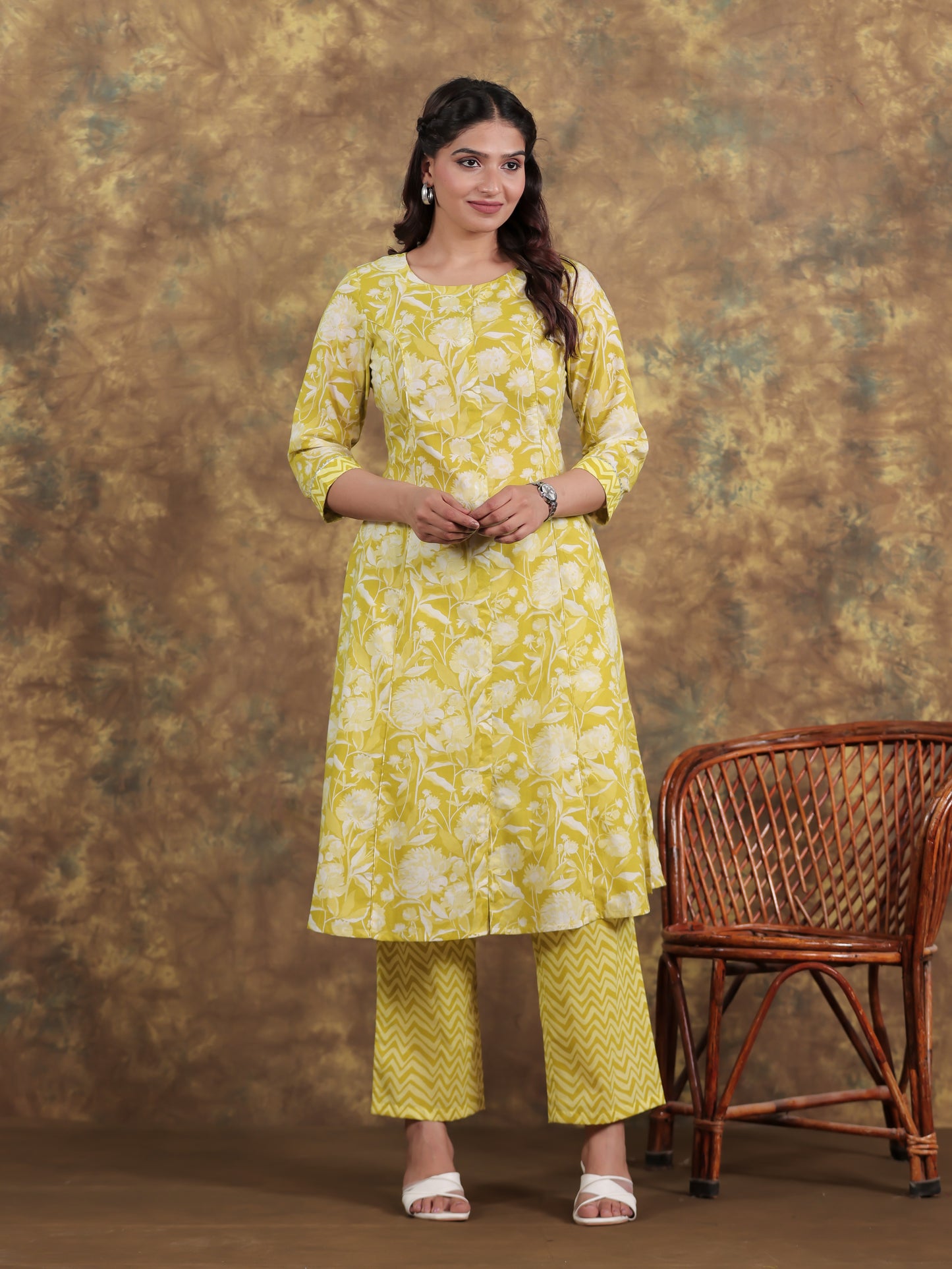 Soft Cotton Floral Flared Green Kurta