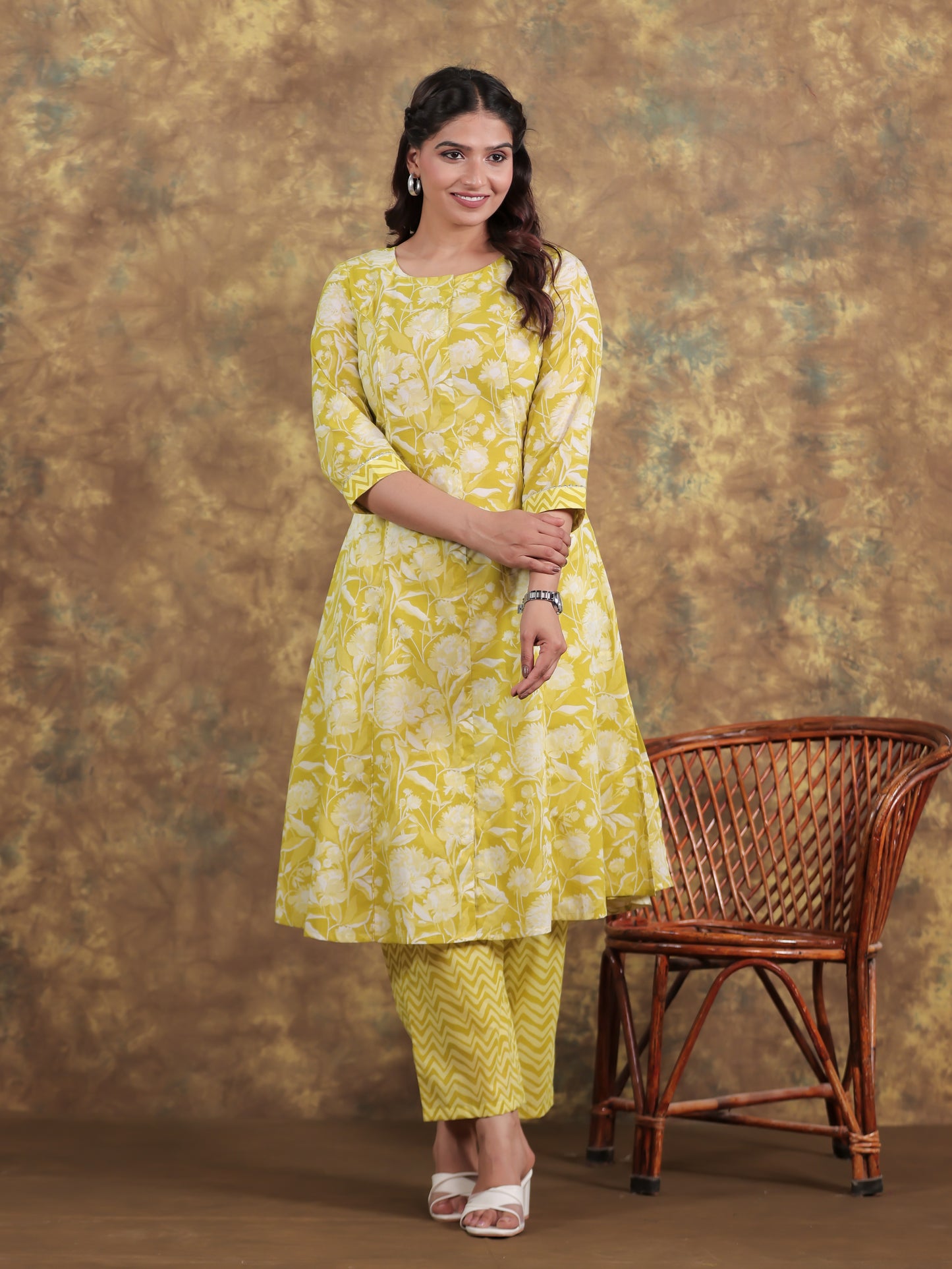 Soft Cotton Floral Flared Green Kurta
