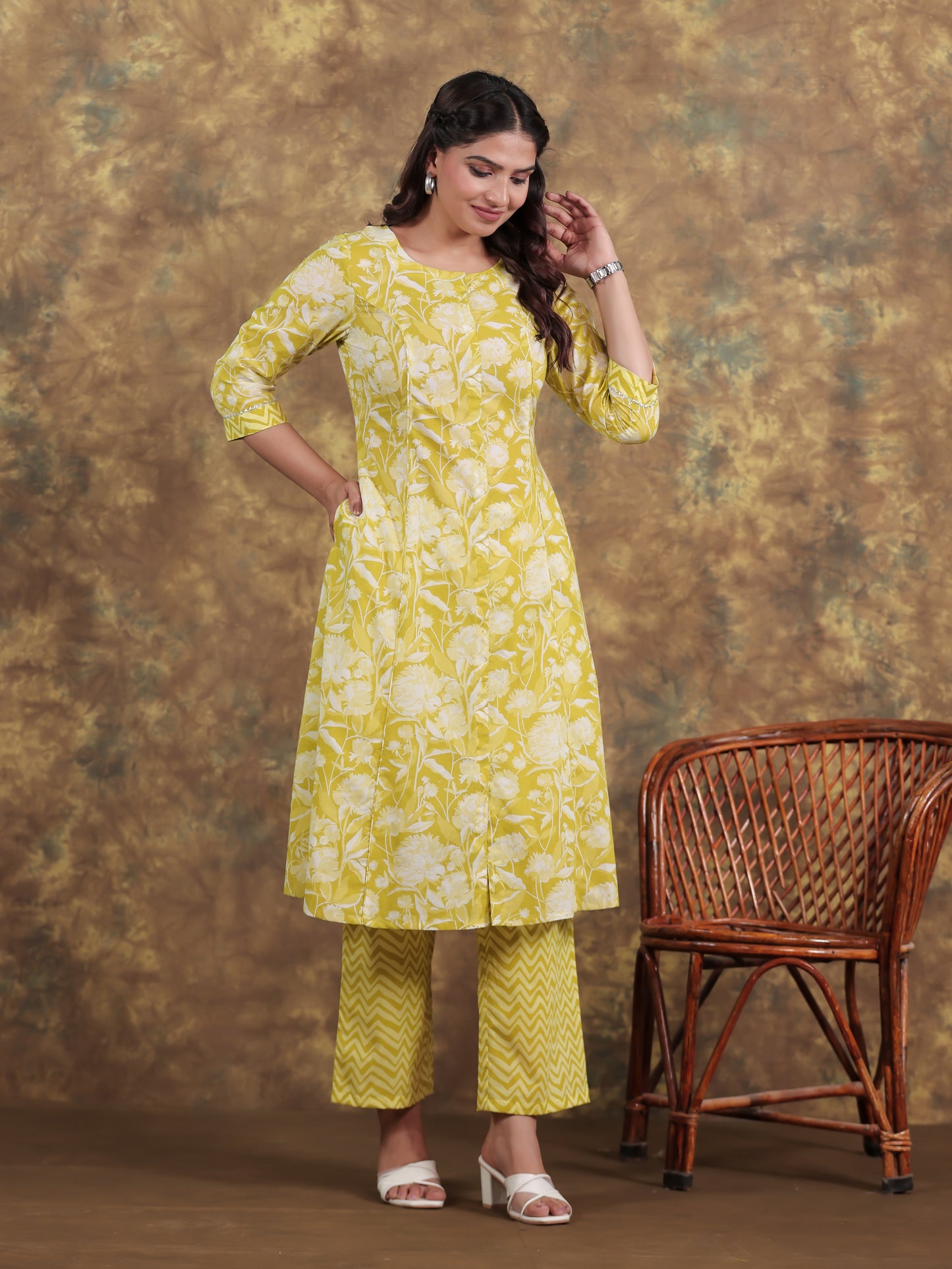 Soft Cotton Floral Flared Green Kurta