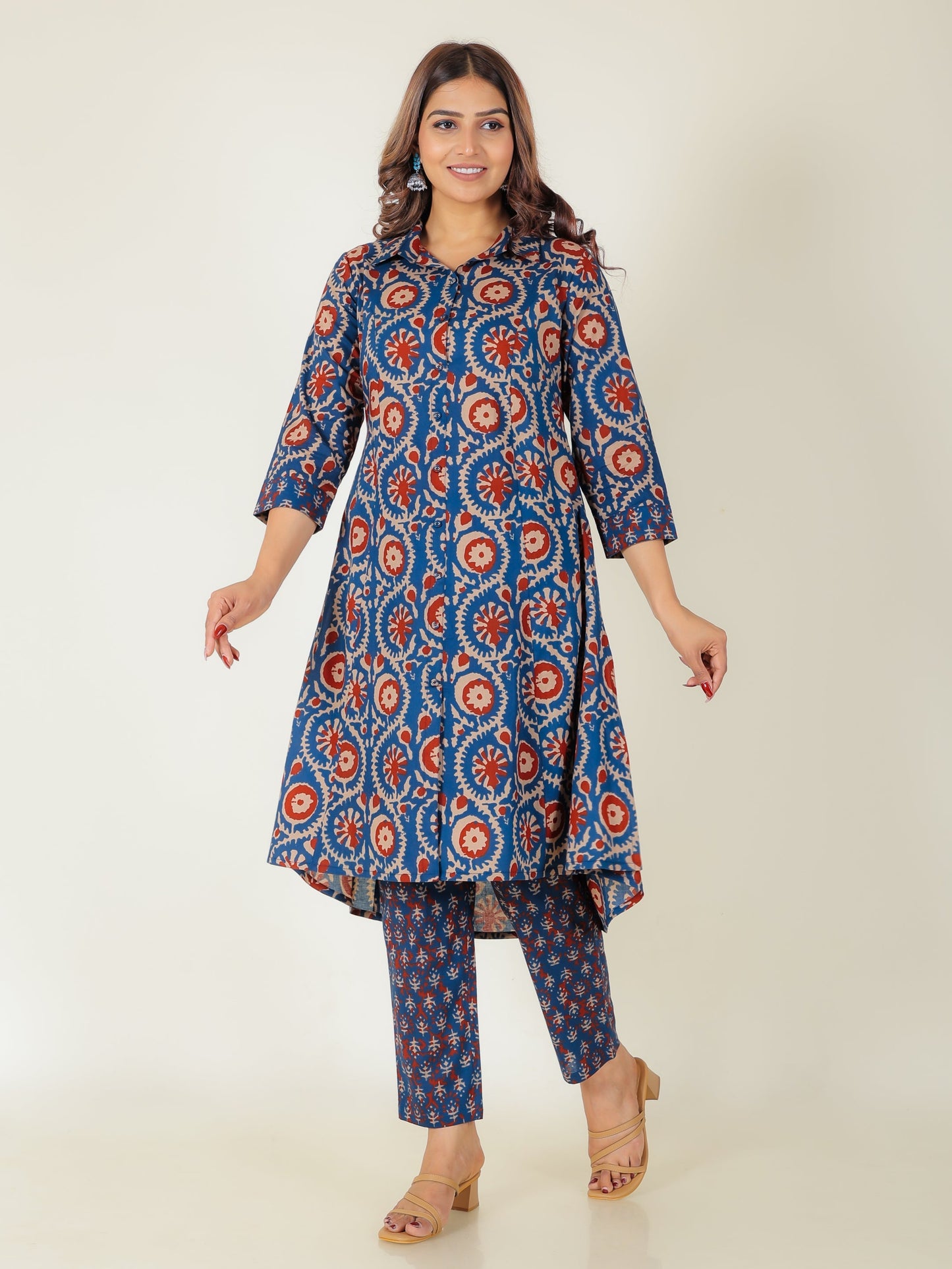 Soft Cotton Block Print High Low Indigo Kurta