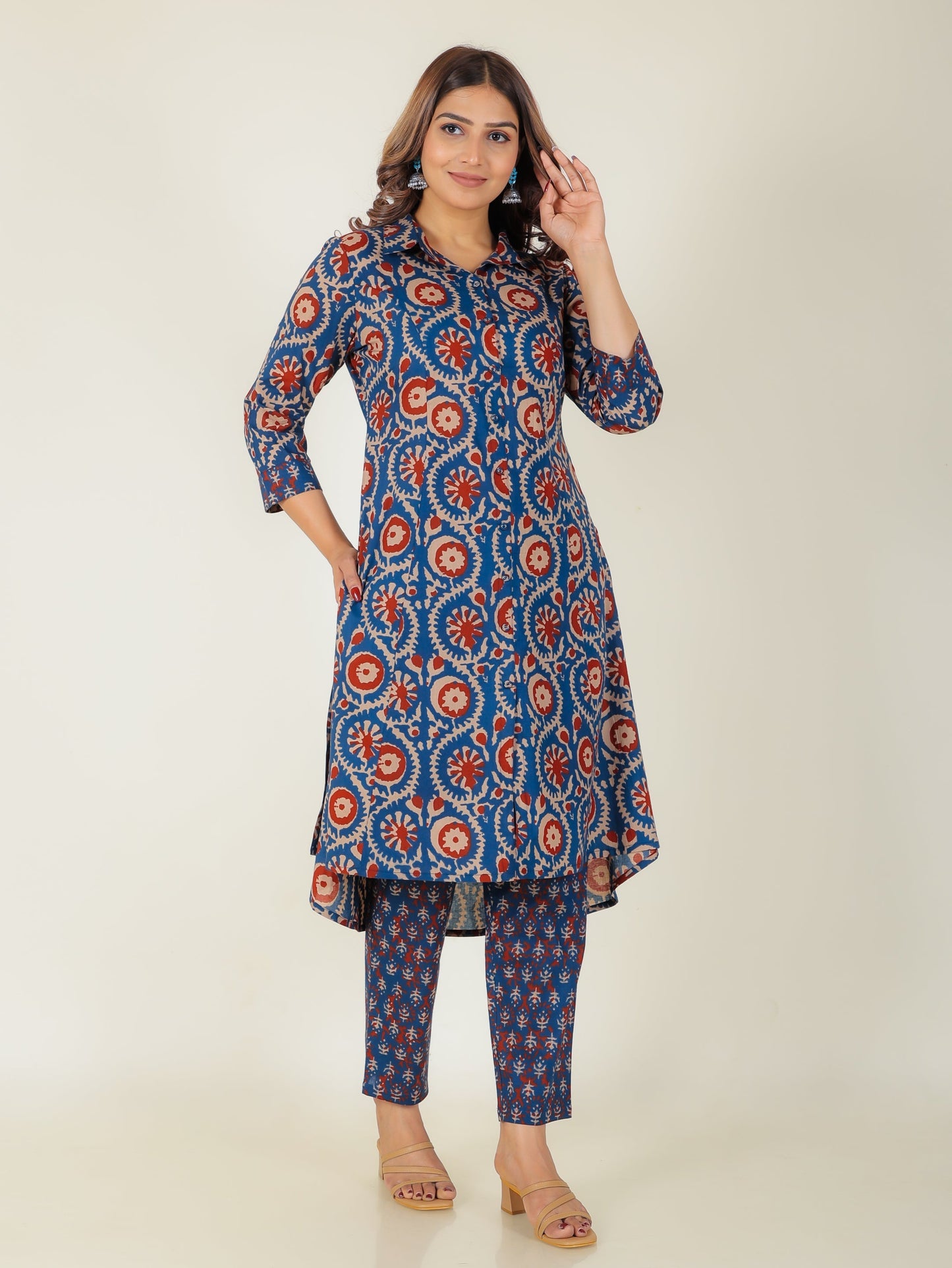 Soft Cotton Block Print High Low Indigo Kurta