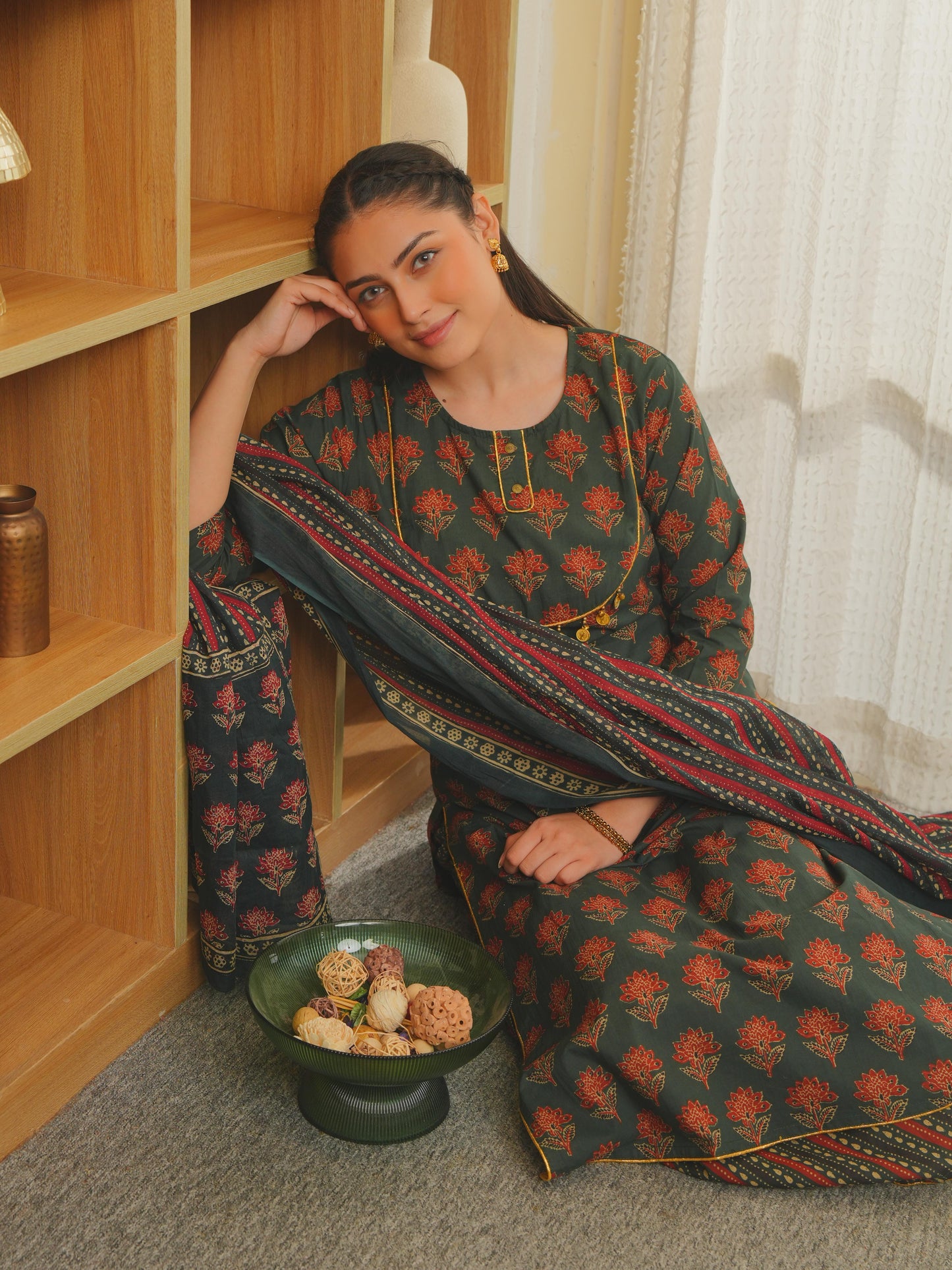 Embroidered Soft Cotton Ajrakh Straight Green Kurta