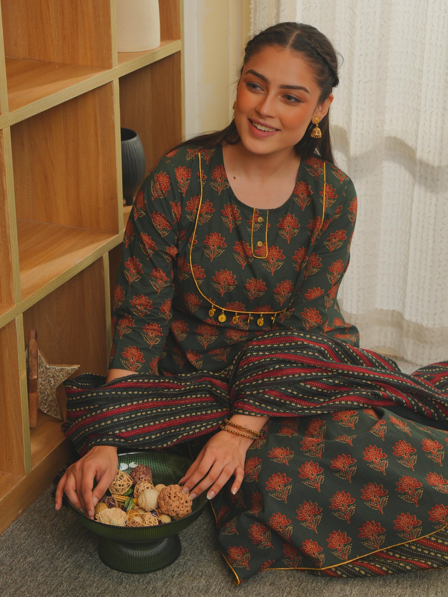 Embroidered Soft Cotton Ajrakh Straight Green Kurta