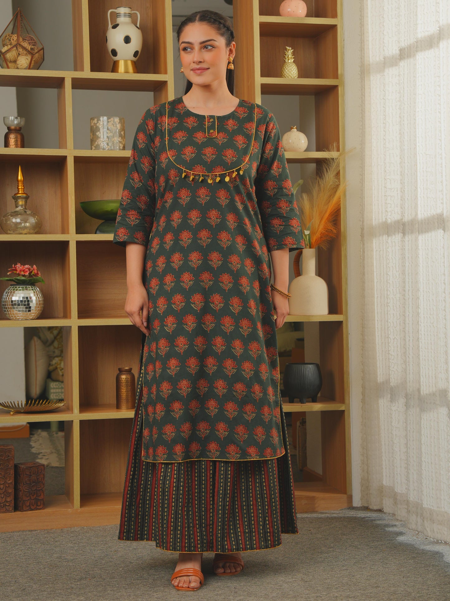 Embroidered Soft Cotton Ajrakh Straight Green Kurta