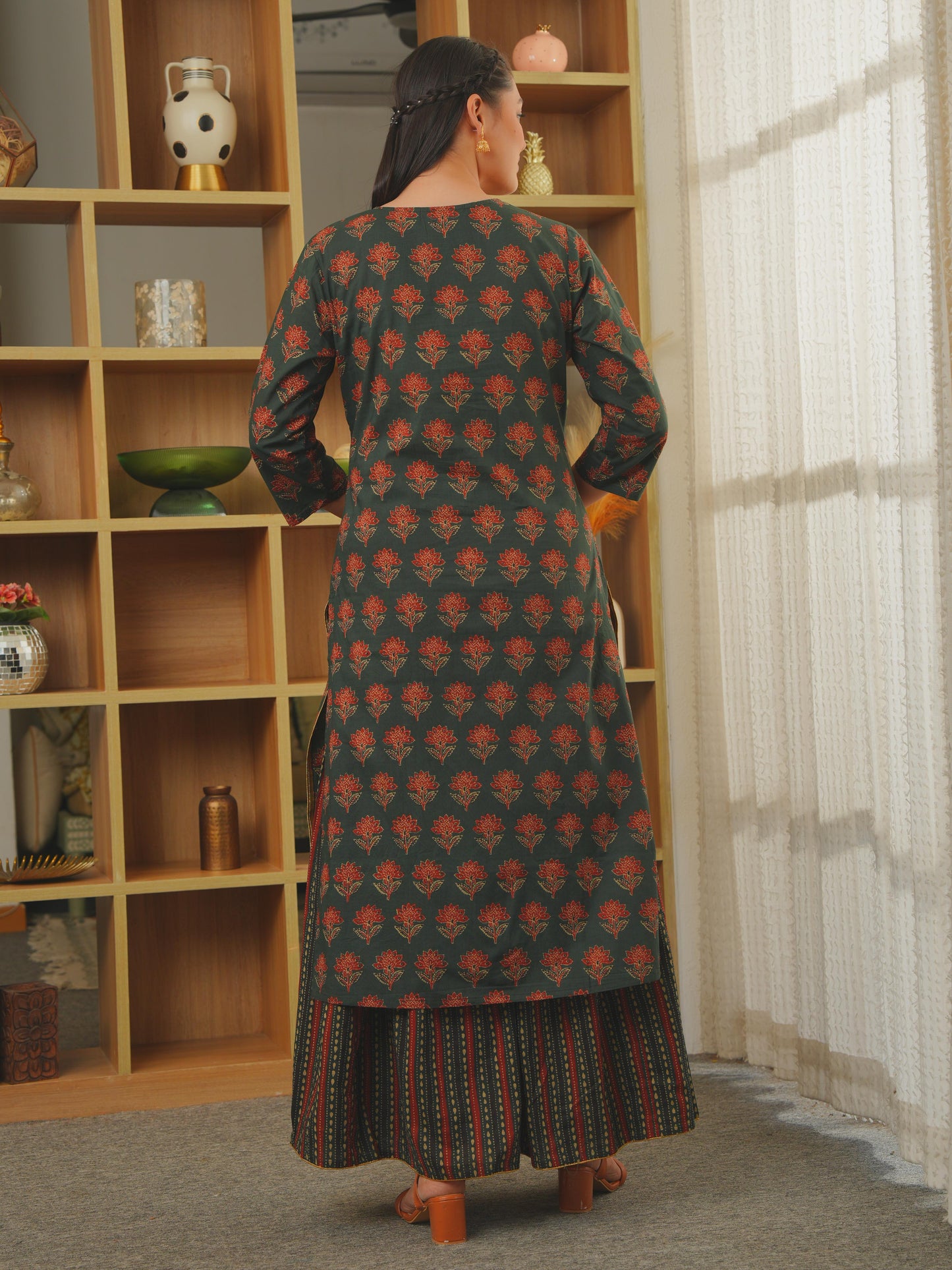 Embroidered Soft Cotton Ajrakh Straight Green Kurta