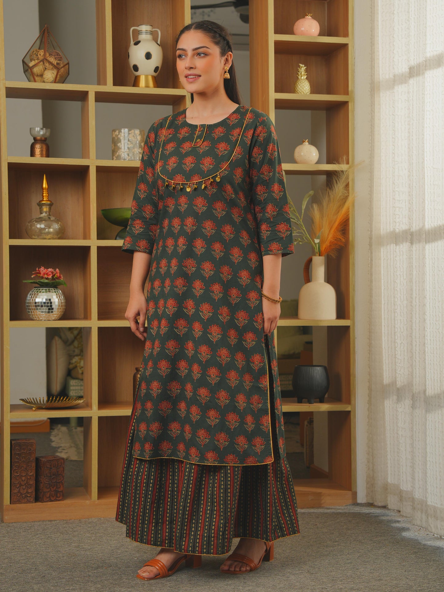 Embroidered Soft Cotton Ajrakh Straight Green Kurta