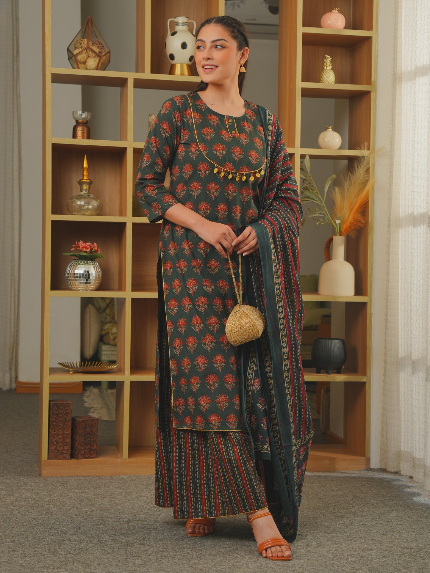 Embroidered Soft Cotton Ajrakh Straight Green Kurta