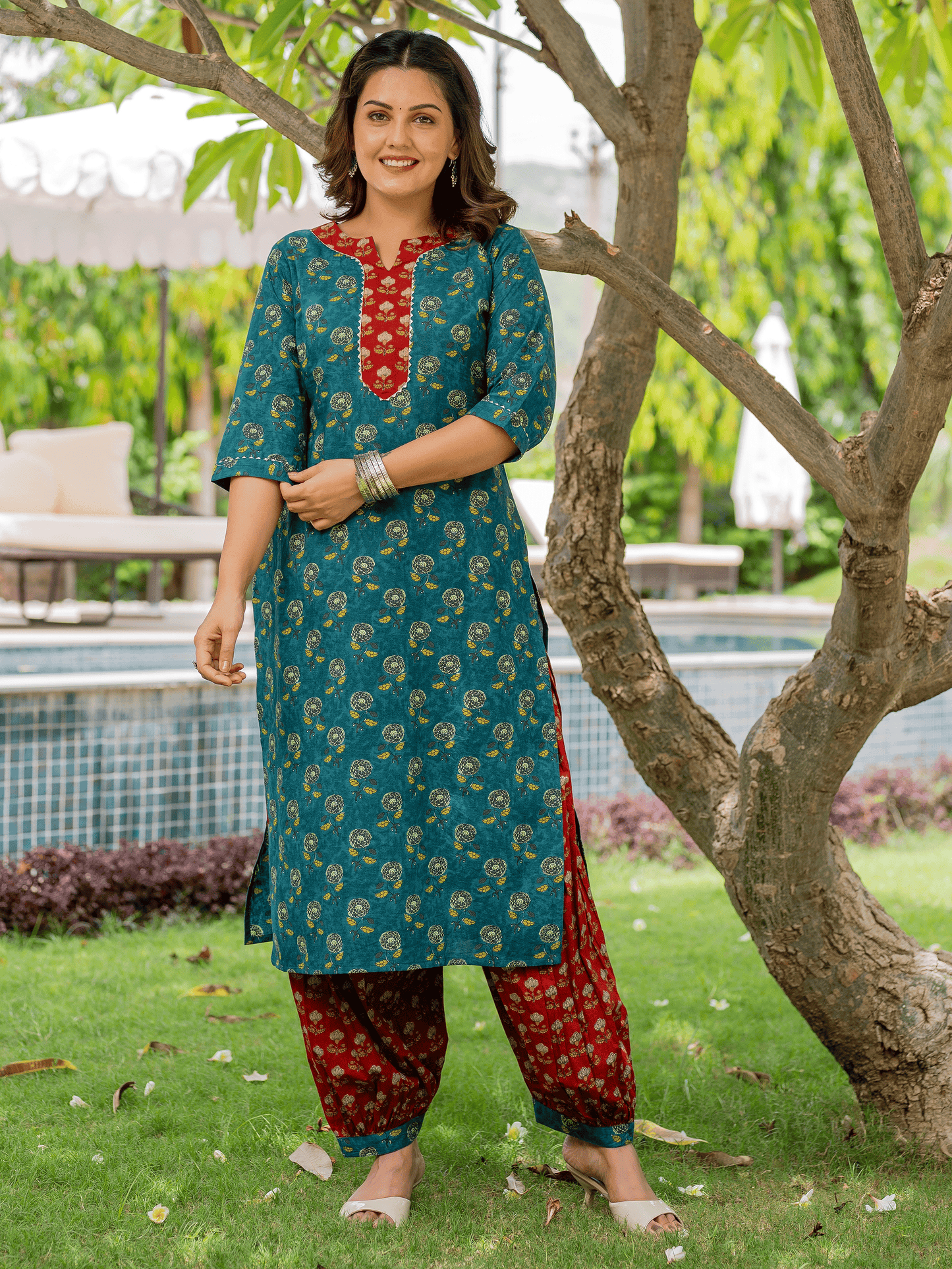 Soft Cotton Floral Straight Turquoise Kurta