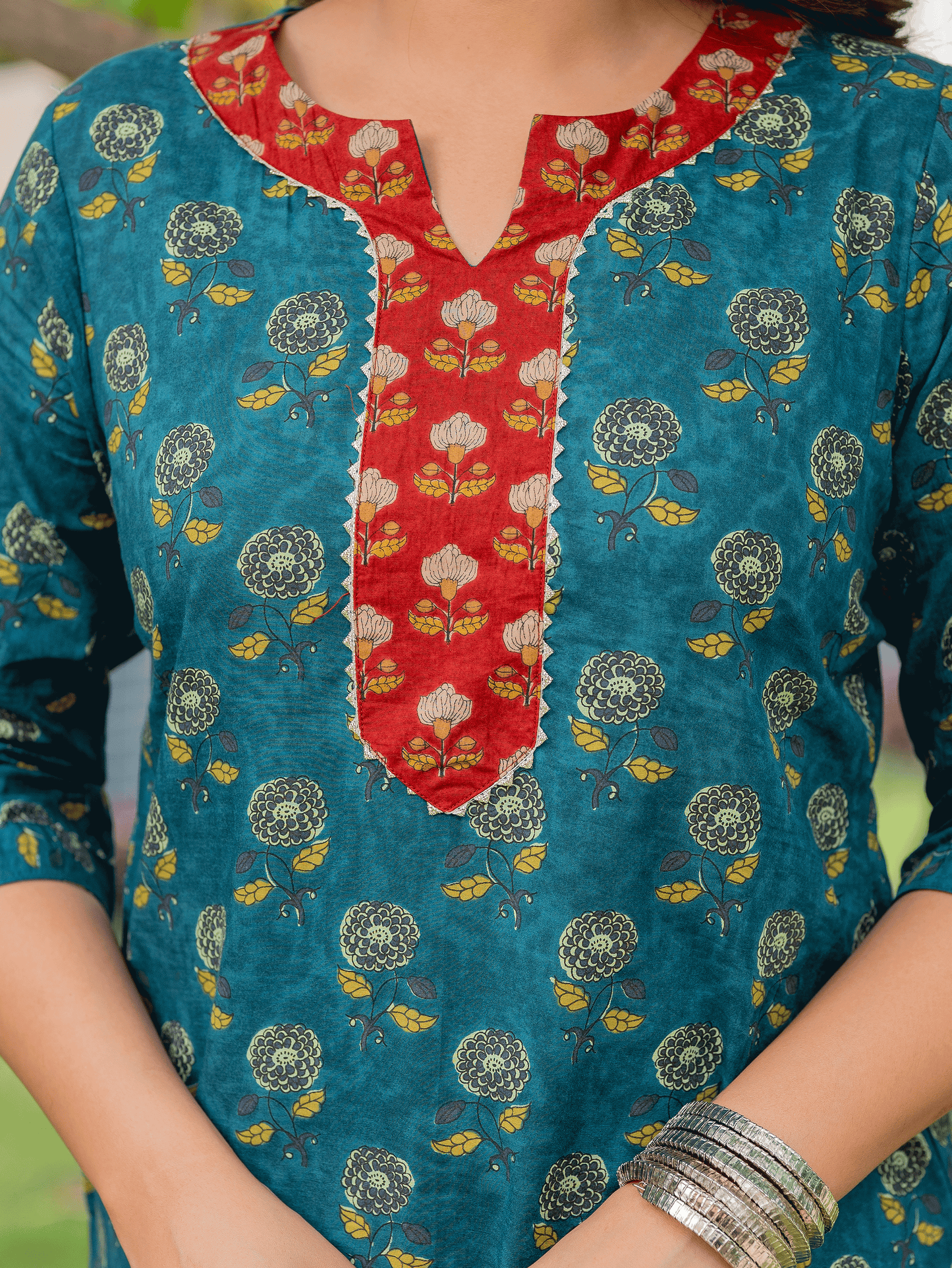 Soft Cotton Floral Straight Turquoise Kurta