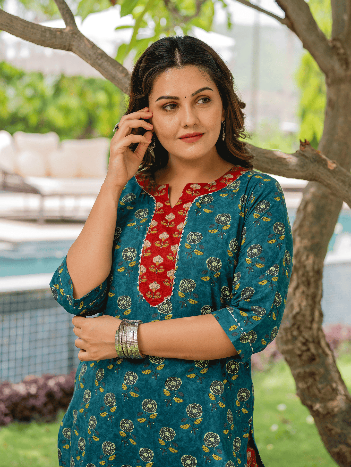 Soft Cotton Floral Straight Turquoise Kurta