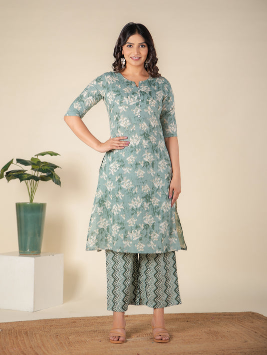 Soft Cotton Floral A-line Green Kurta