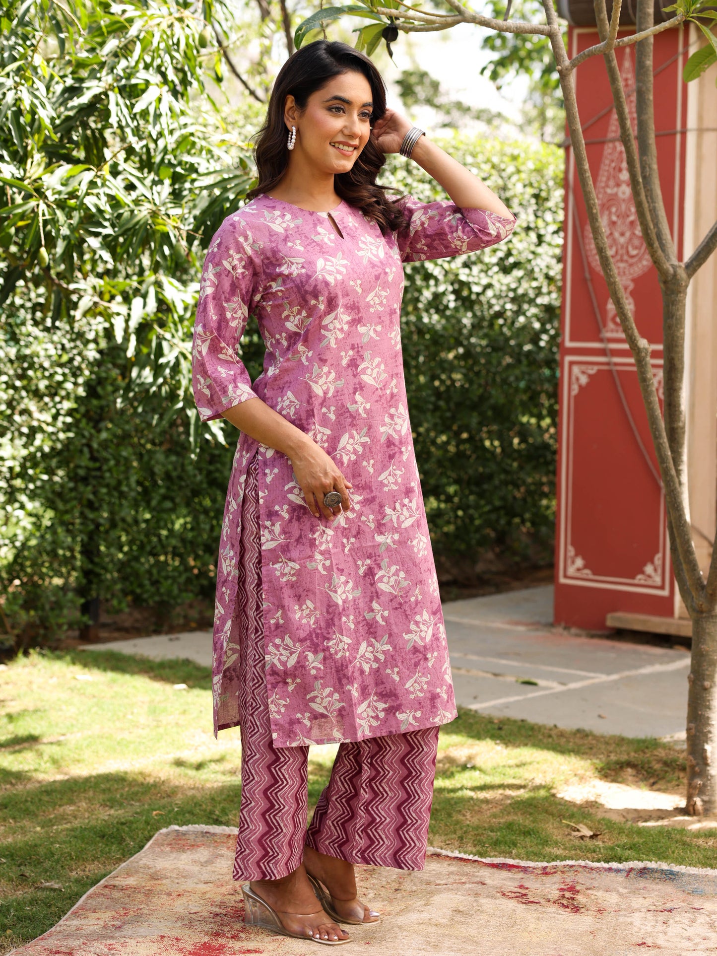 Soft Cotton Floral Straight Burnt Pink Kurta