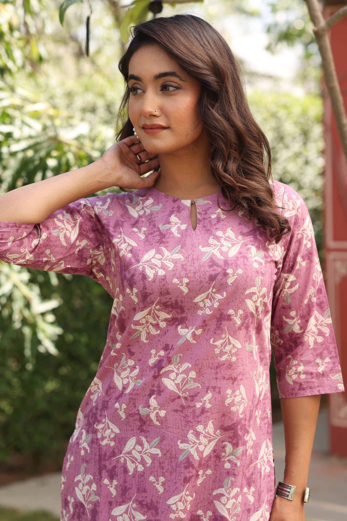 Soft Cotton Floral Straight Burnt Pink Kurta