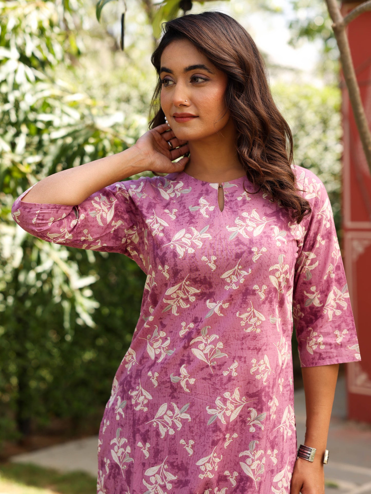 Soft Cotton Floral Straight Burnt Pink Kurta