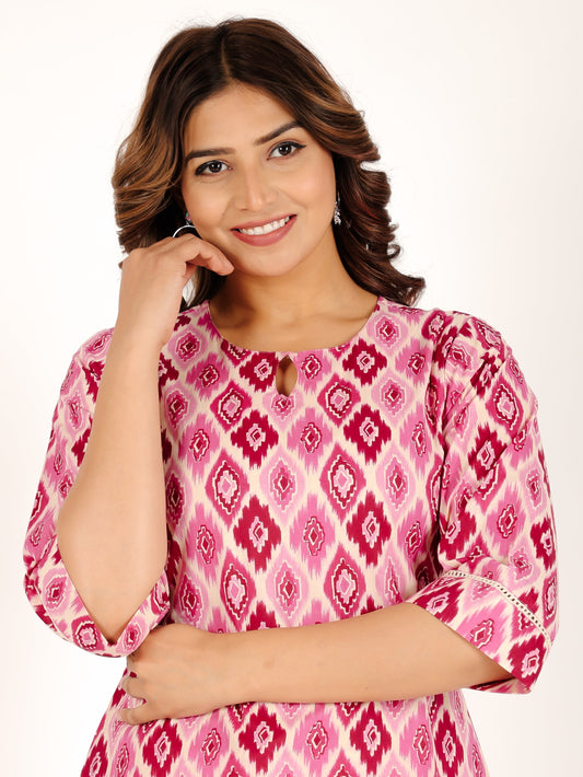 Soft Cotton Ikat Straight Pink Kurta