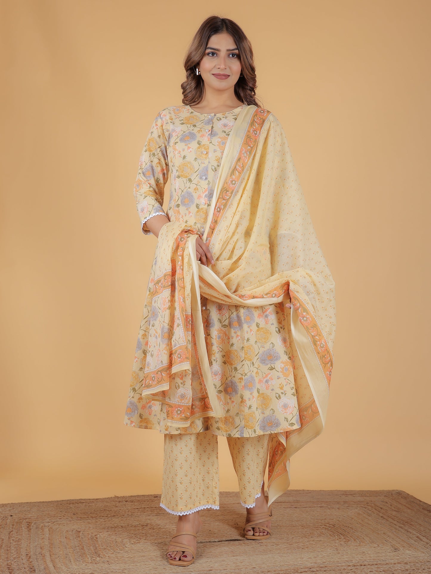 Soft Cotton Floral A-line Yellow Kurta