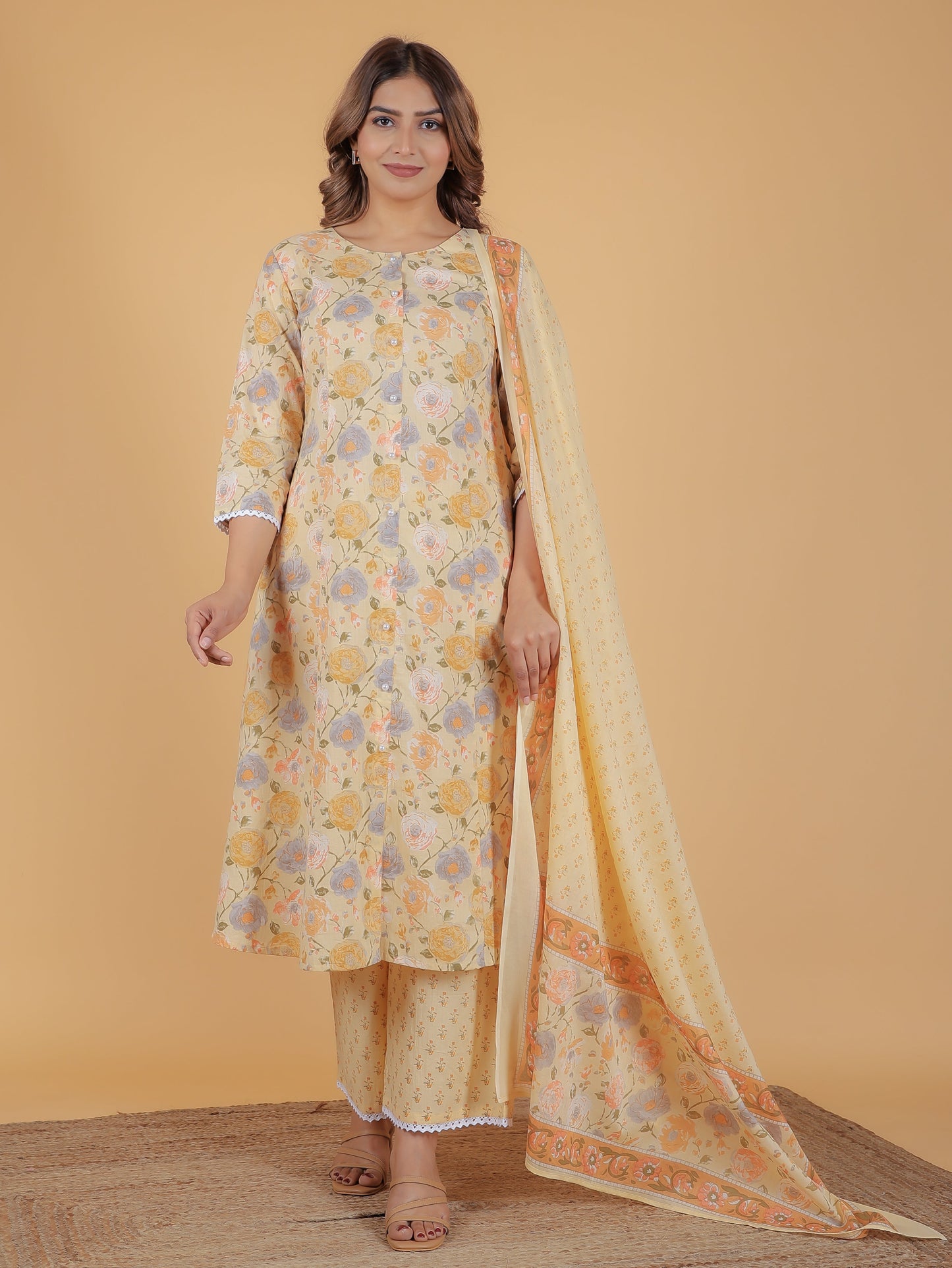 Soft Cotton Floral A-line Yellow Kurta