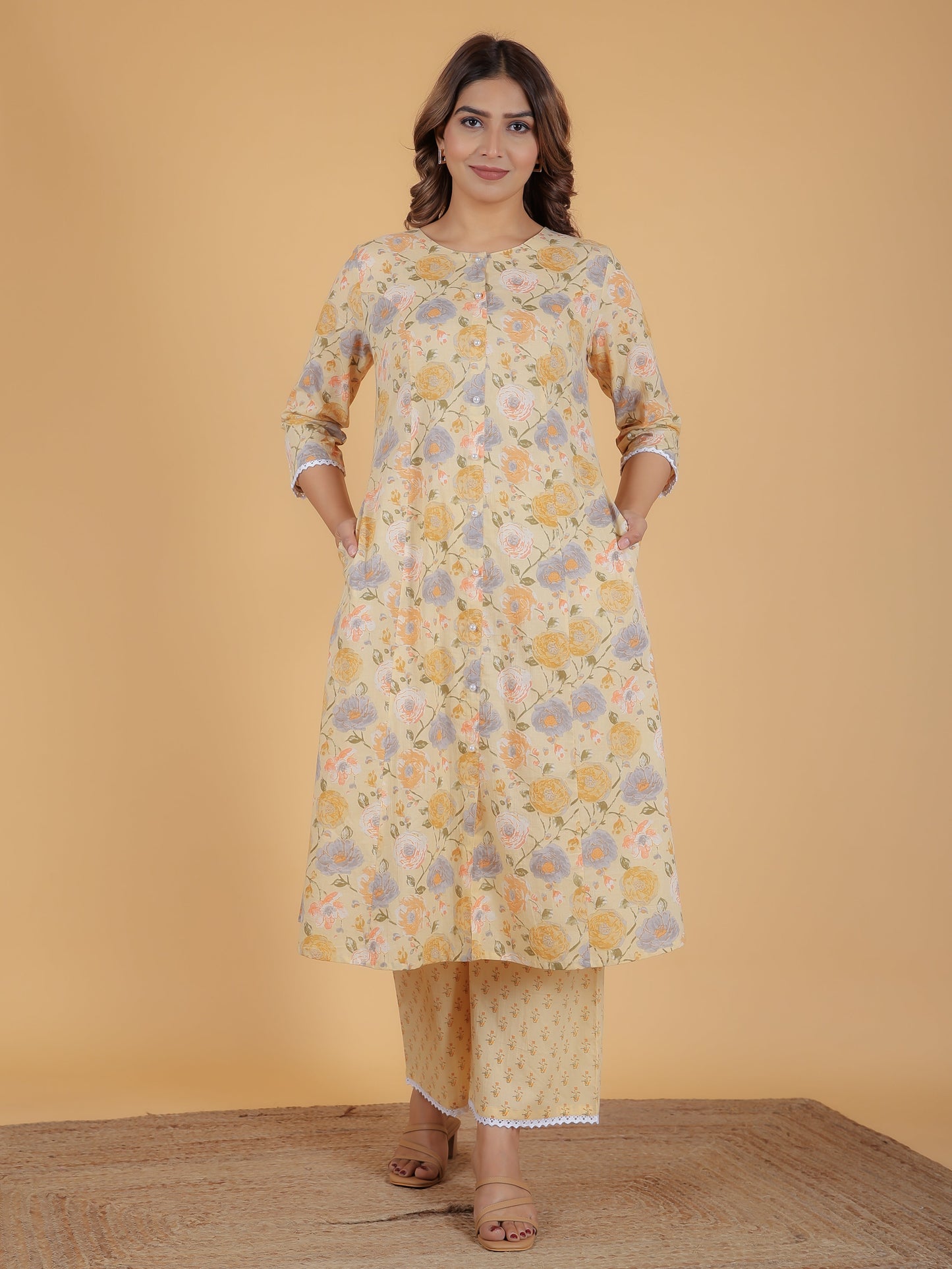 Soft Cotton Floral A-line Yellow Kurta