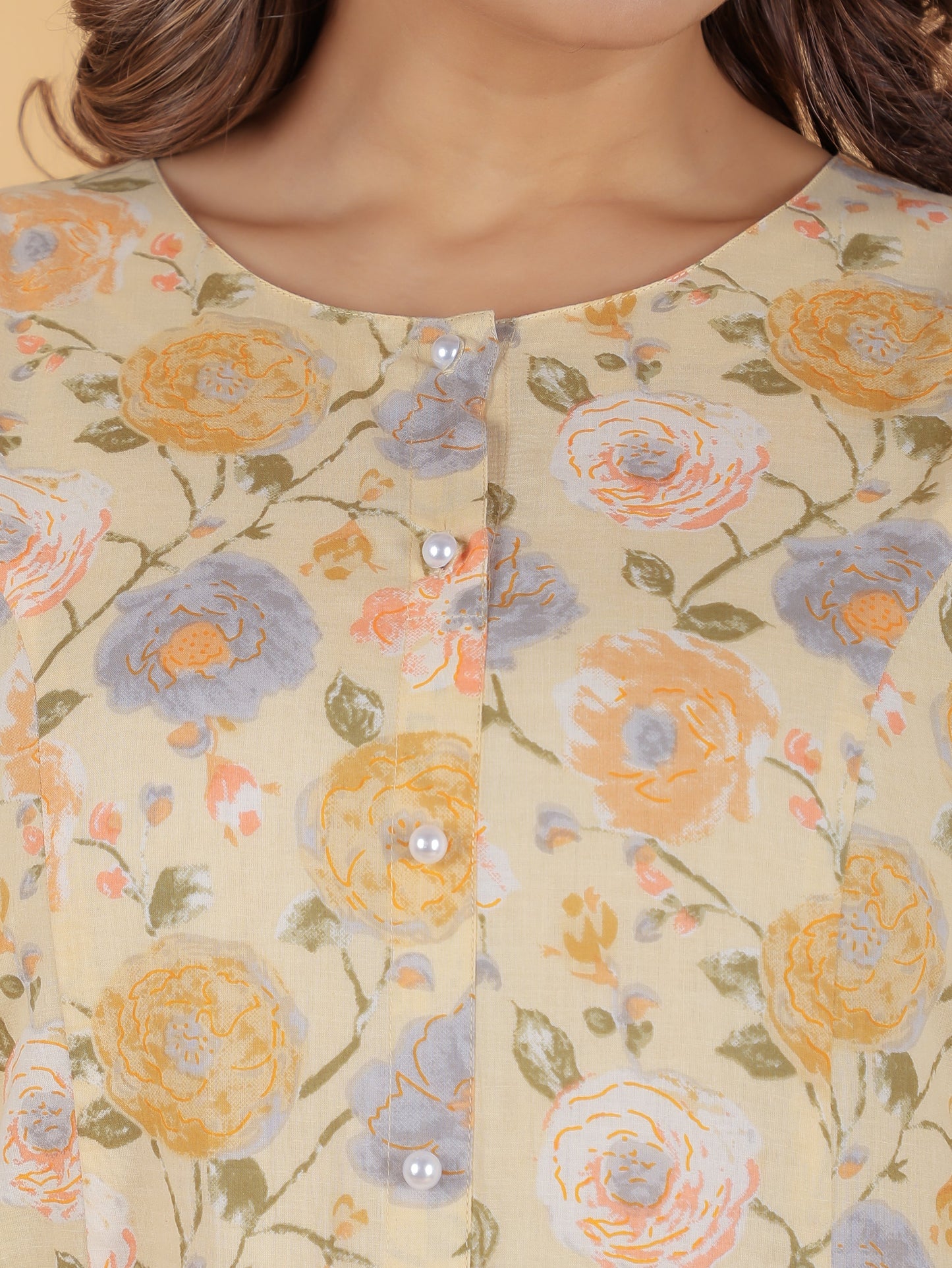Soft Cotton Floral A-line Yellow Kurta