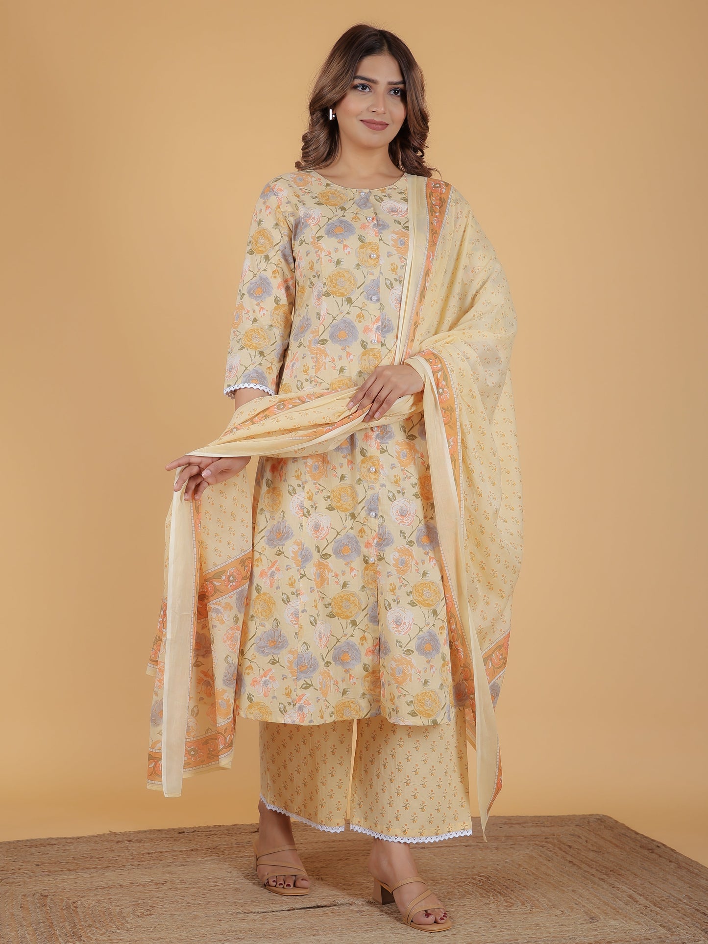 Soft Cotton Floral A-line Yellow Kurta