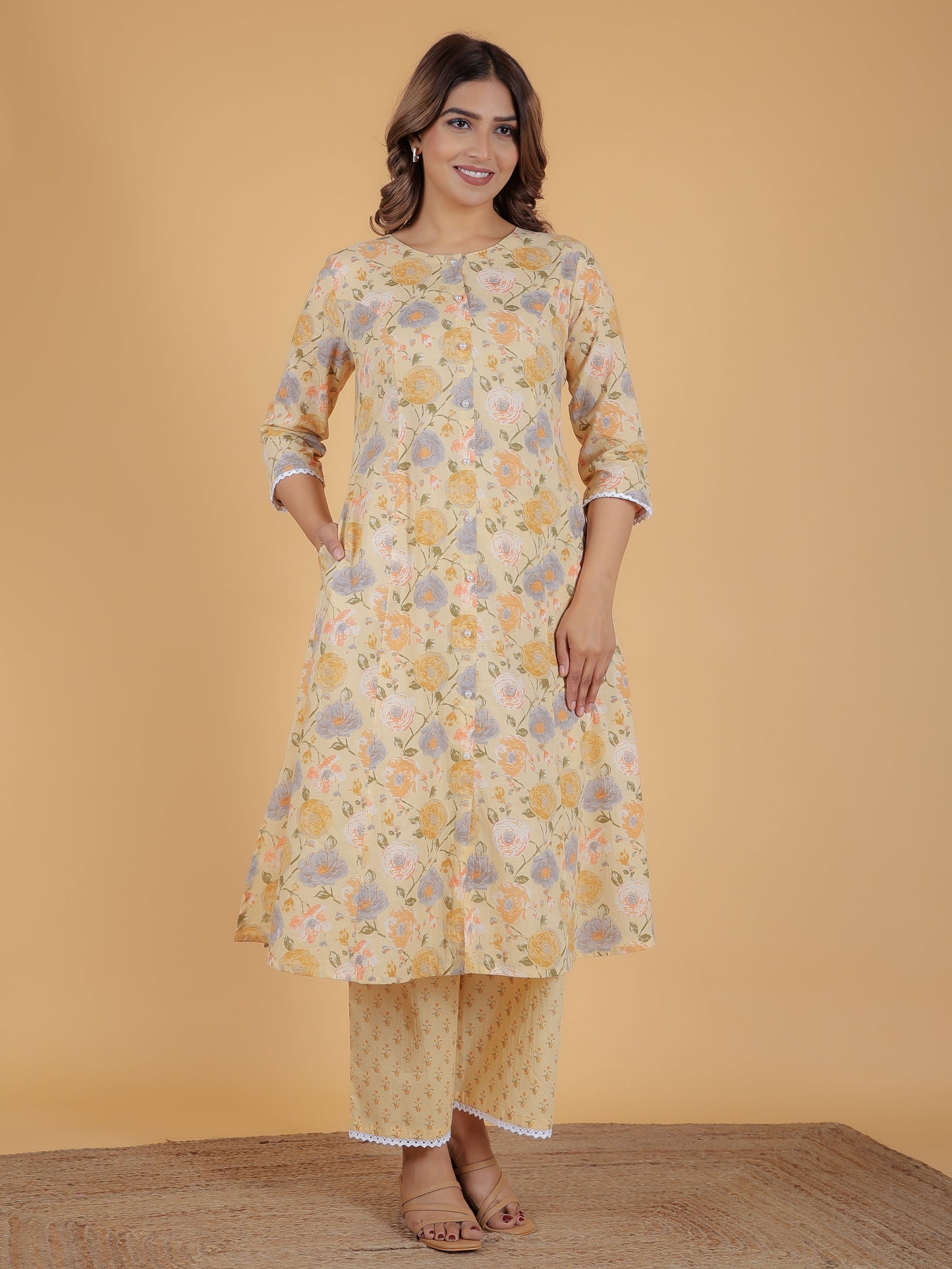 Soft Cotton Floral A-line Yellow Kurta