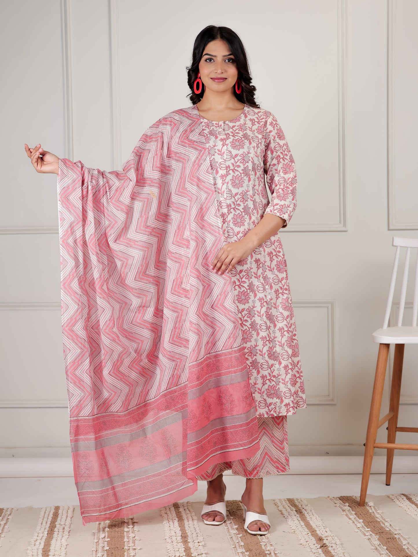 Soft Cotton Floral Flared Pink Kurta