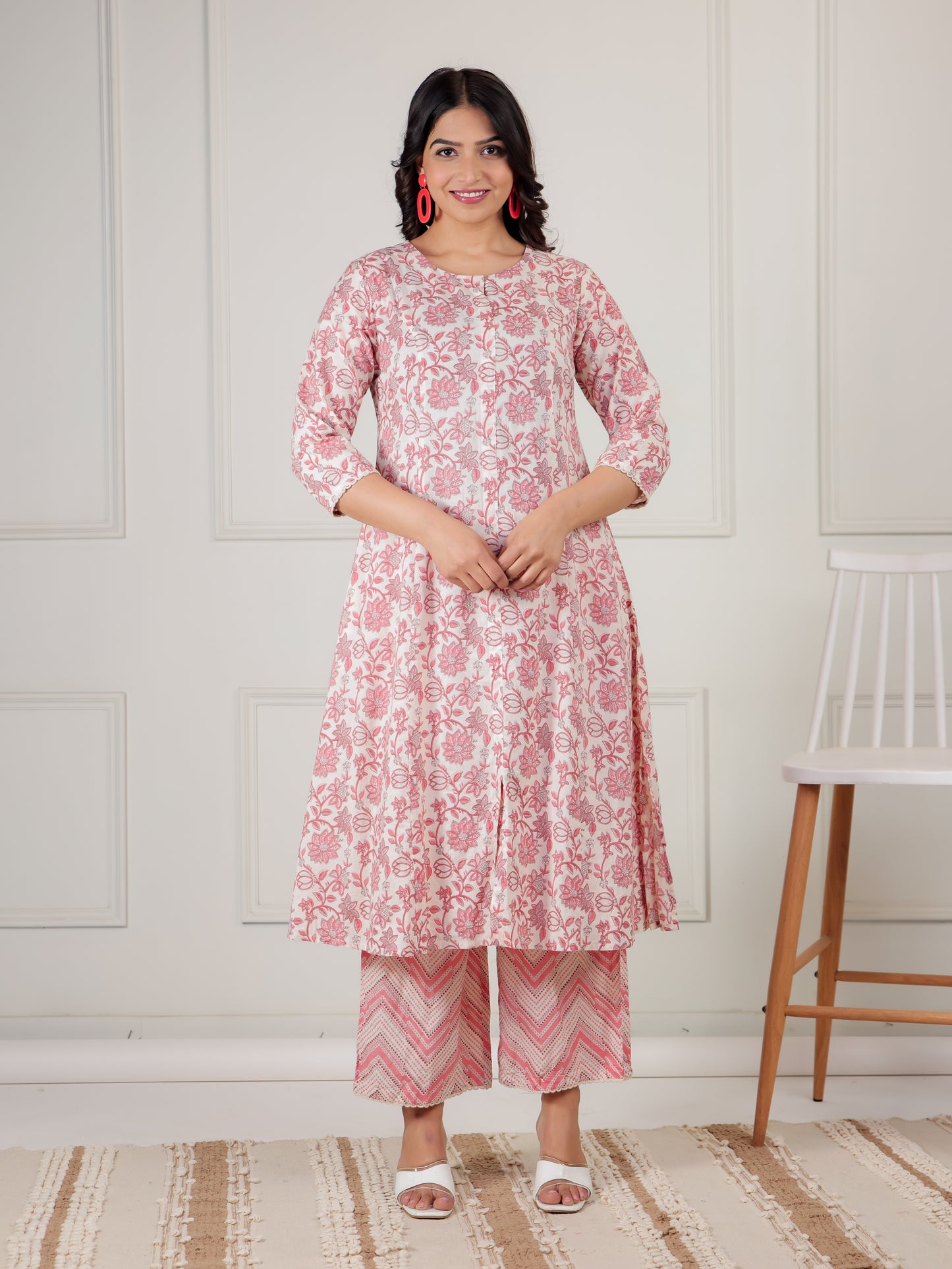 Soft Cotton Floral Flared Pink Kurta