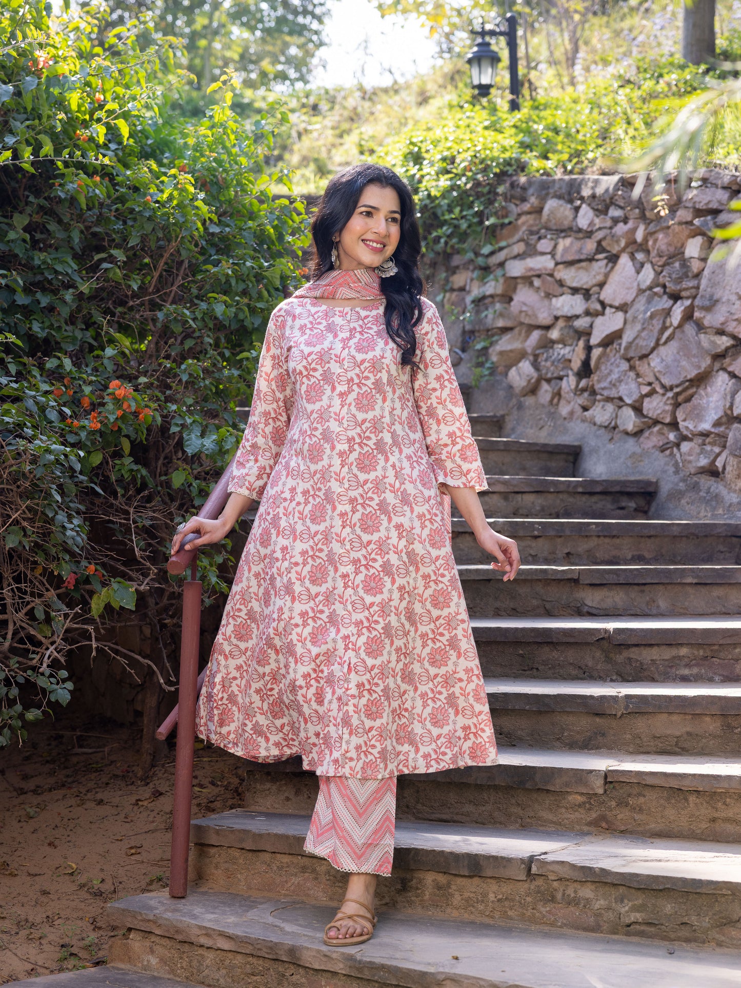 Embroidered Soft Cotton Floral Flared Pink